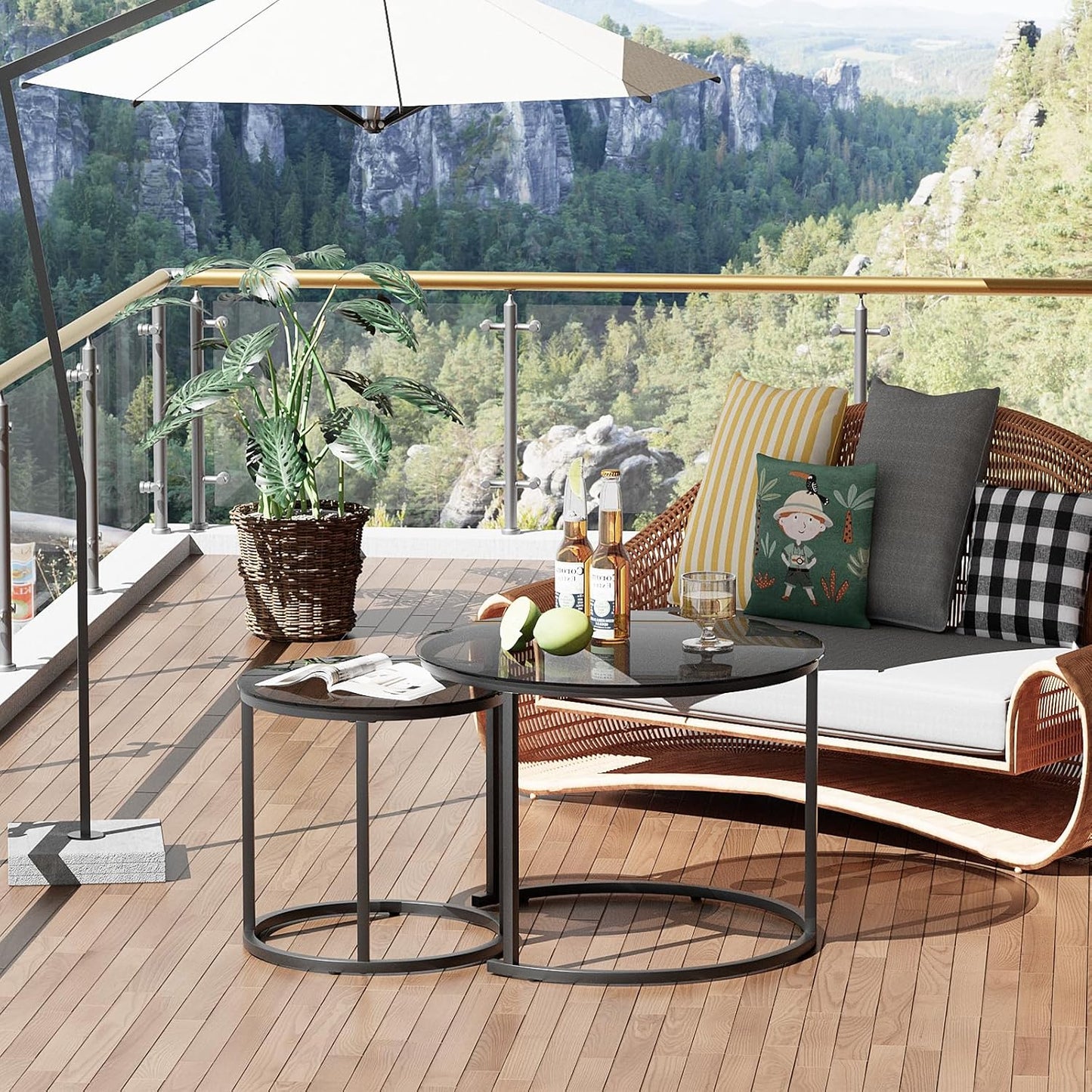 aboxoo Nesting Coffee Table Grey Glass Table Set of 2, Small Round Glass Nesting Tables for Living Room Bedroom, Accent Tea Table with Metal Frame Modern Industrial Simple