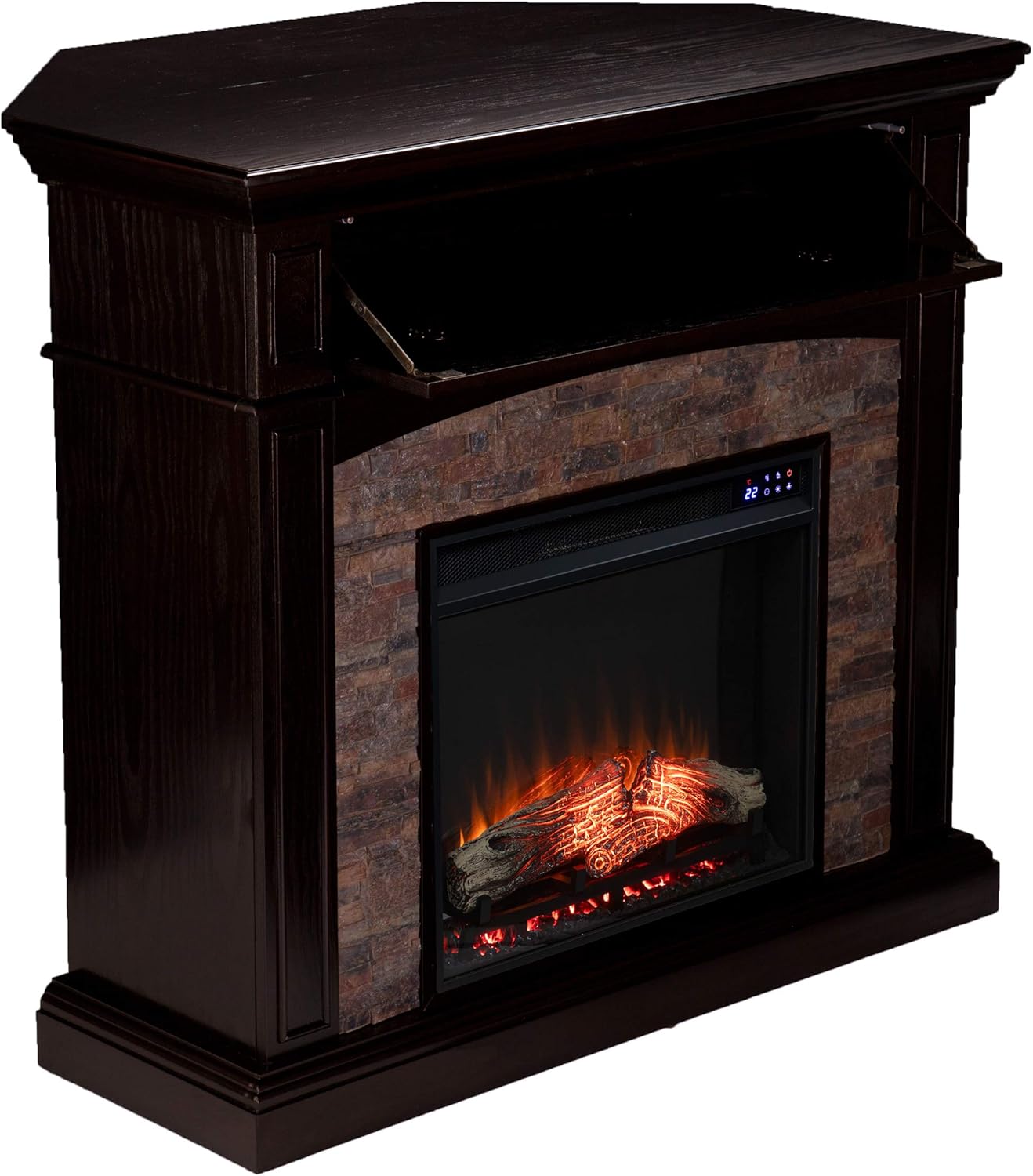 SEI Furniture Grantham Faux Stone Corner Electric Fireplace with Hidden Media Shelf, New Ebony