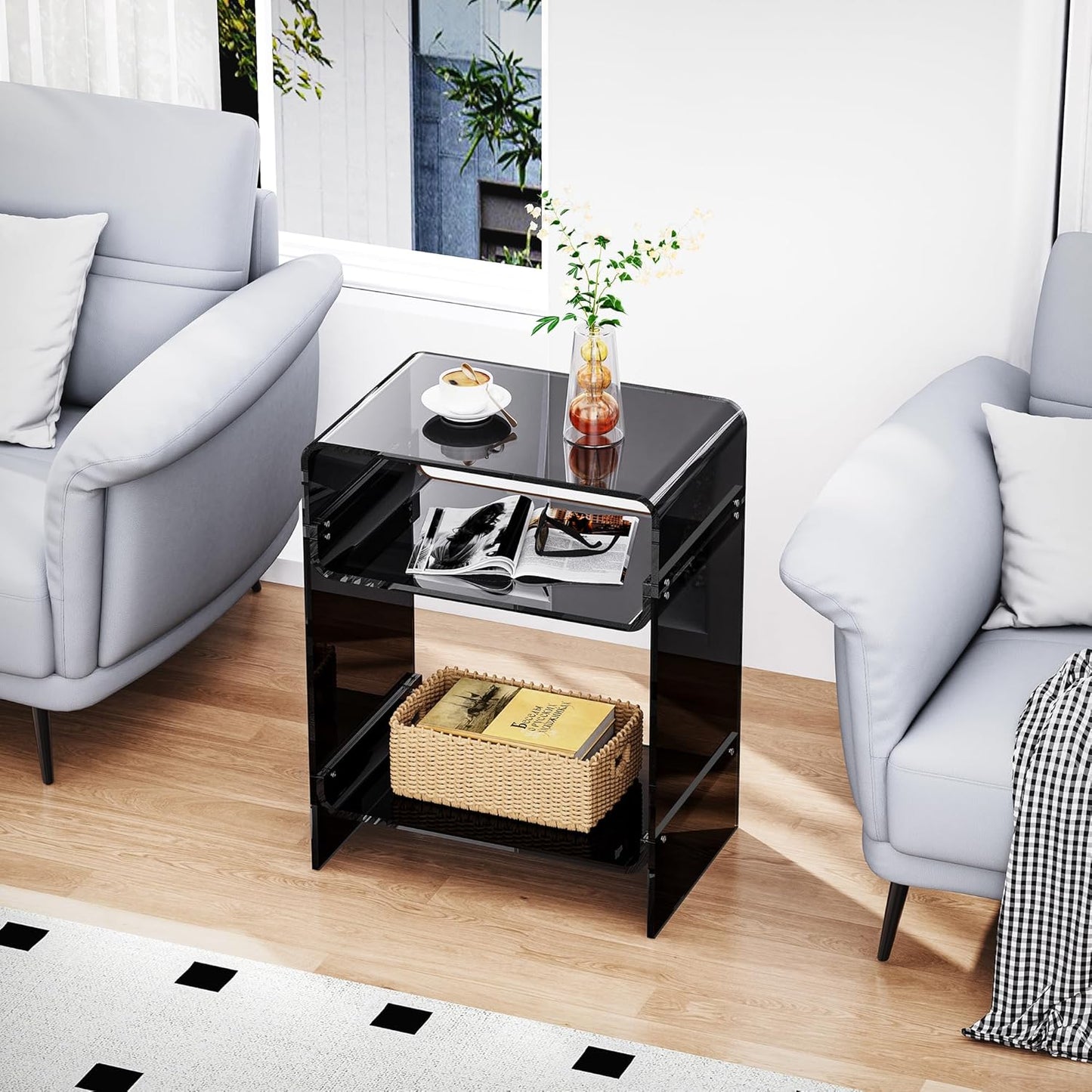 Acrylic Record Player Table with Storage Shelf, Clear Side Table Nightstand (Black)