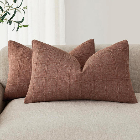 Foindtower Set of 2 Decorative Linen Check Throw Pillow Covers Neutral Farmhouse Lumbar Cushion Covers Modern Boho Home Decor for Sofa Chair Couch Bedroom Living Room Outdoor,12×20 Inch,Autumnal Red