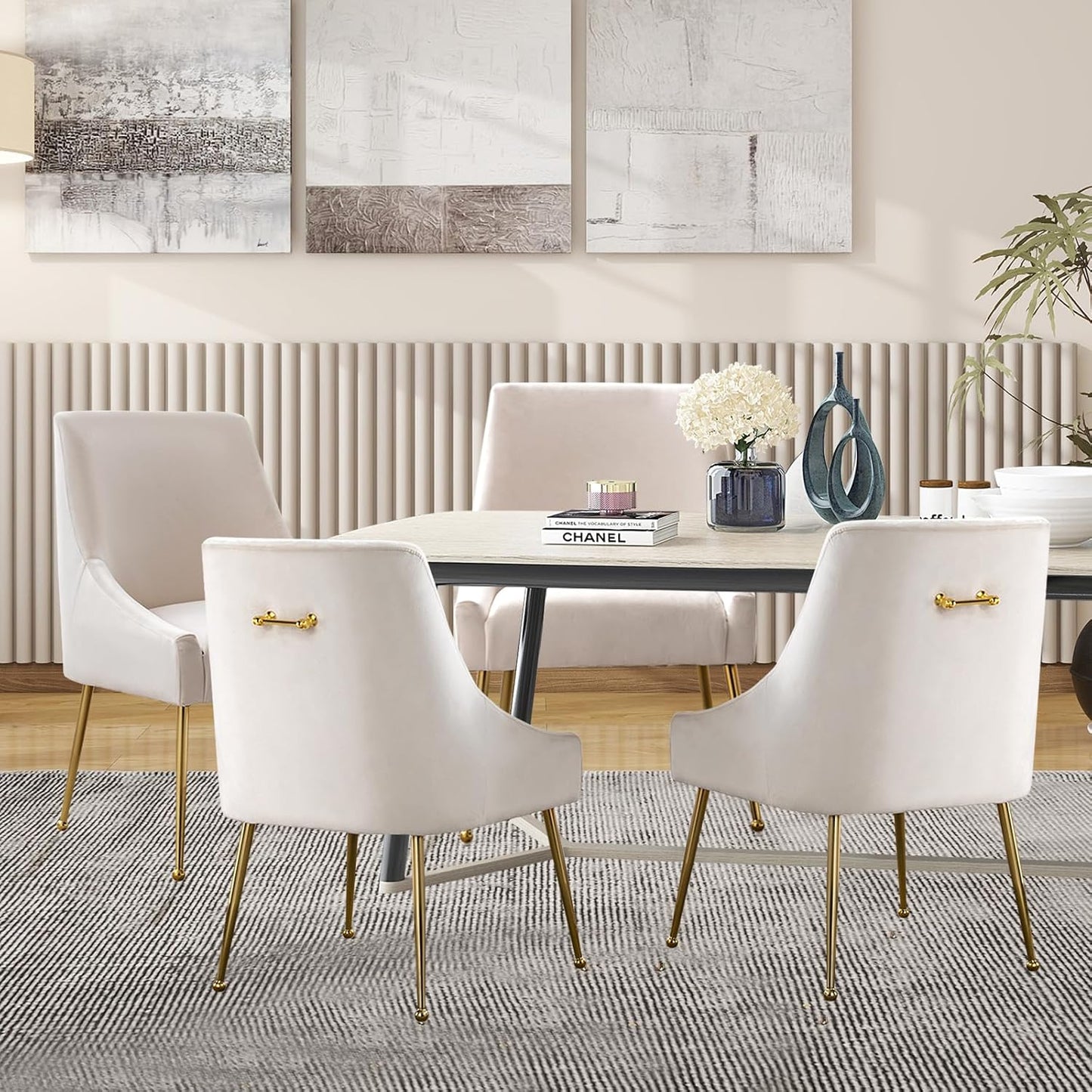 Velvet Dining Chairs, Furniture Collection Modern Contemporary Upholstered with Polished Gold Metal Legs, Set of 4(Beige)