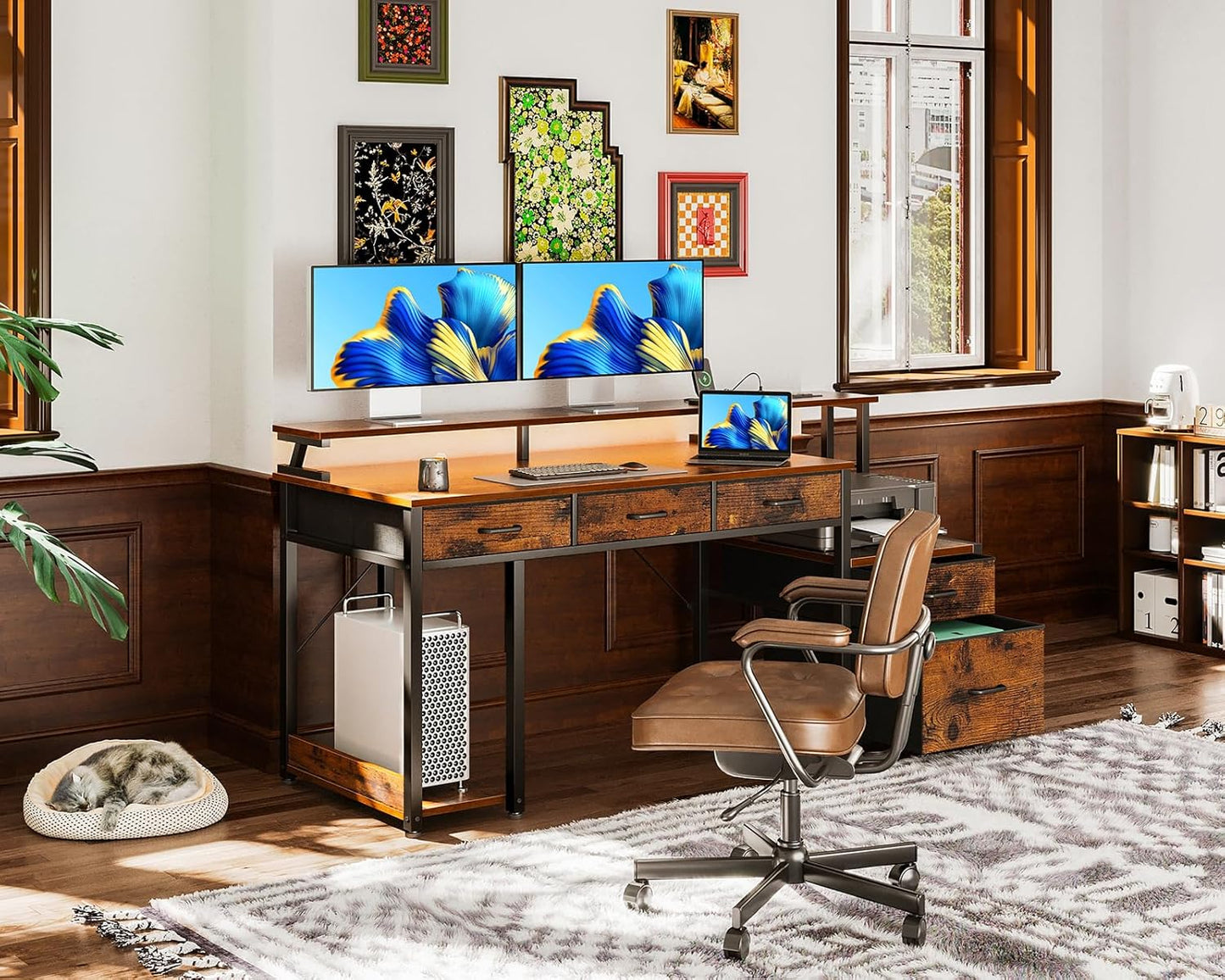 AODK 55 Inch Computer Desk with 3 Drawers and File Cabinet for Storage, Office Desk with Monitor Stand and LED Lights, Home Office Desks, Vintage