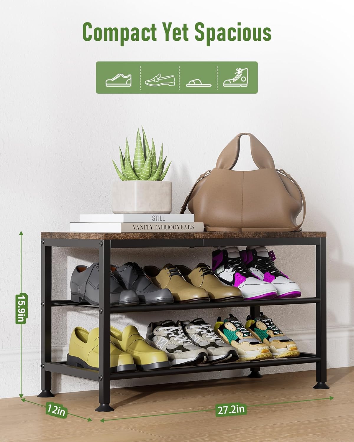 3-Tier Shoe Rack Bench - Entryway Organizer with Shoe Storage, Sturdy Shoe Shelf for Front Door, Small Space Saving Furniture, Brown, Holds 286lbs,27.2" x 12.0" x 15.9"