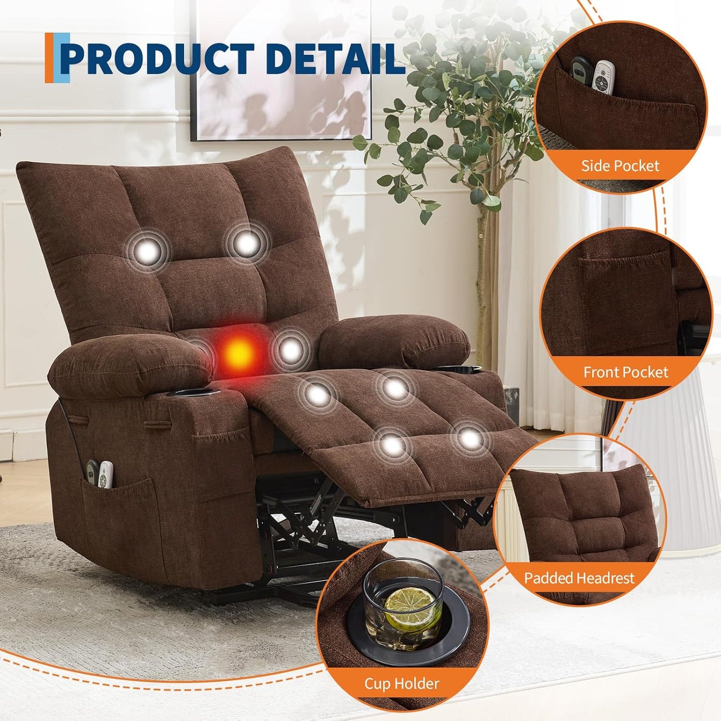 GarveeHome Power Lift Recliner Chair for Elderly with Massage and Heat, Oversized Electric Massage & Heat Recliner with Soft Padded Upholstery, Side Pocket & Cup Holders for Living Room, Brown