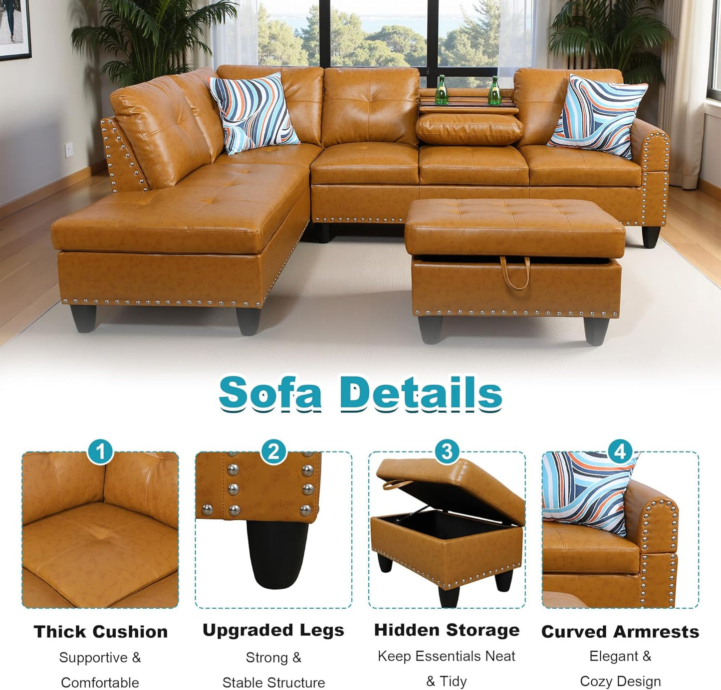 97.5" Oversized Sectional Couch, L Shaped Couch with Storage Ottoman, Modern Modular Sofa with Deep Seat, Sectional Couches for Living Room and Office, Ginger (PU Leather)