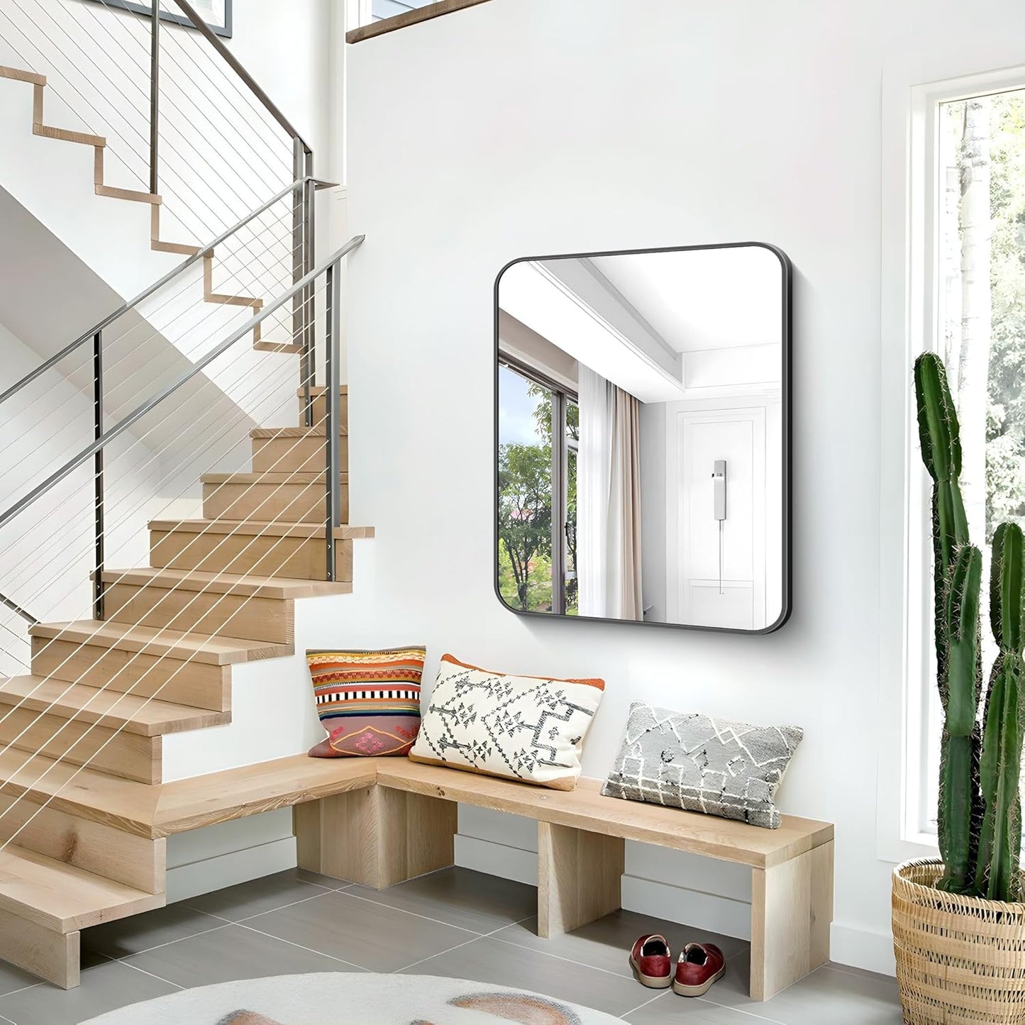 BONEWEI 30x36 inch Bathroom Mirror,Black Rectangle Mirror,Wall Mounted Bathroom Frame Vanity Mirror with Round Corner for Bedroom Living Room, Entryway Hangs Horizontal or Vertical