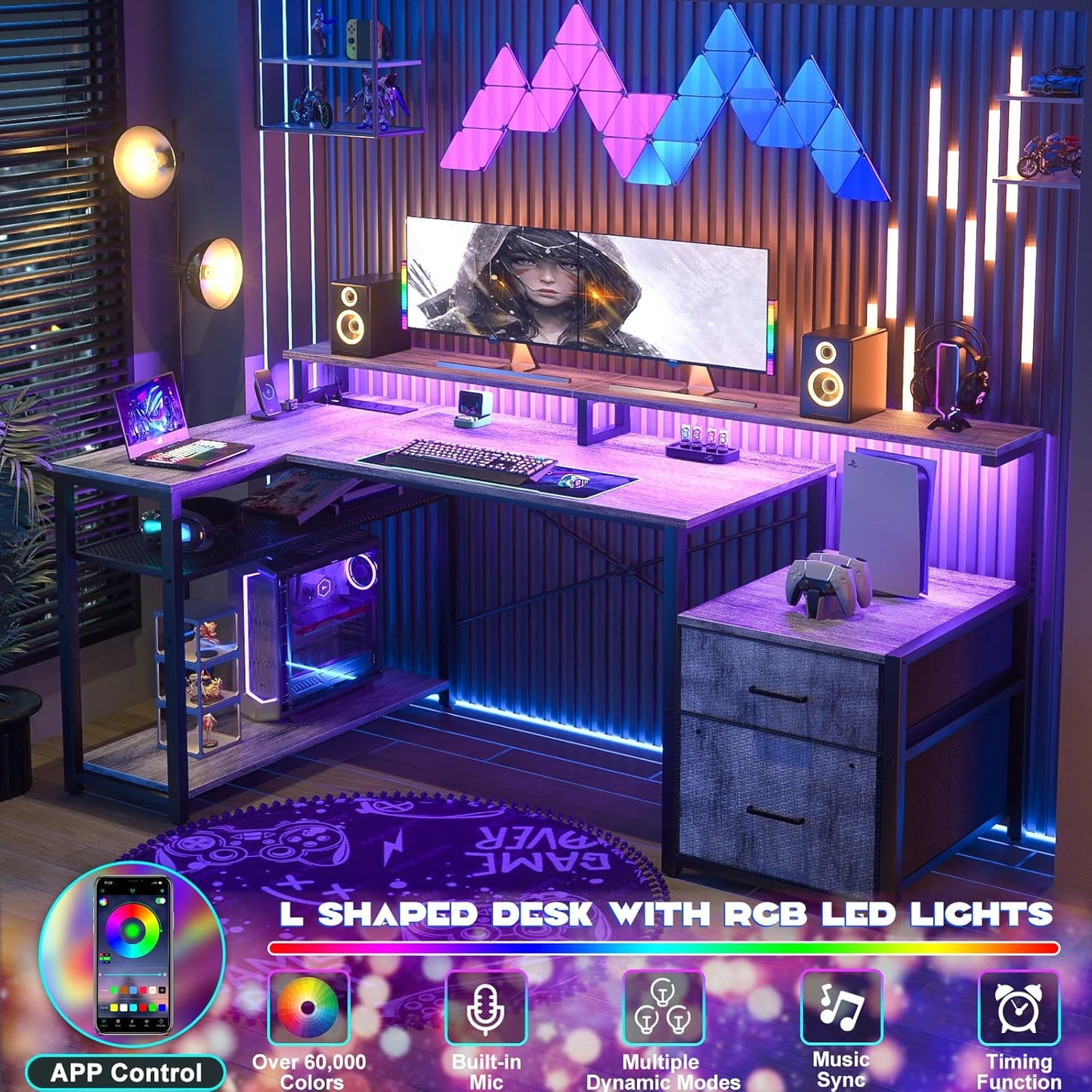 Aheaplus L Shaped Desk with File Drawer, Reversible L Shaped Computer Desk Gaming Desk with Power Outlet & LED Strip, Home Office Desk with Monitor Shelf, Corner Desk with Storage Shelves, White Oak