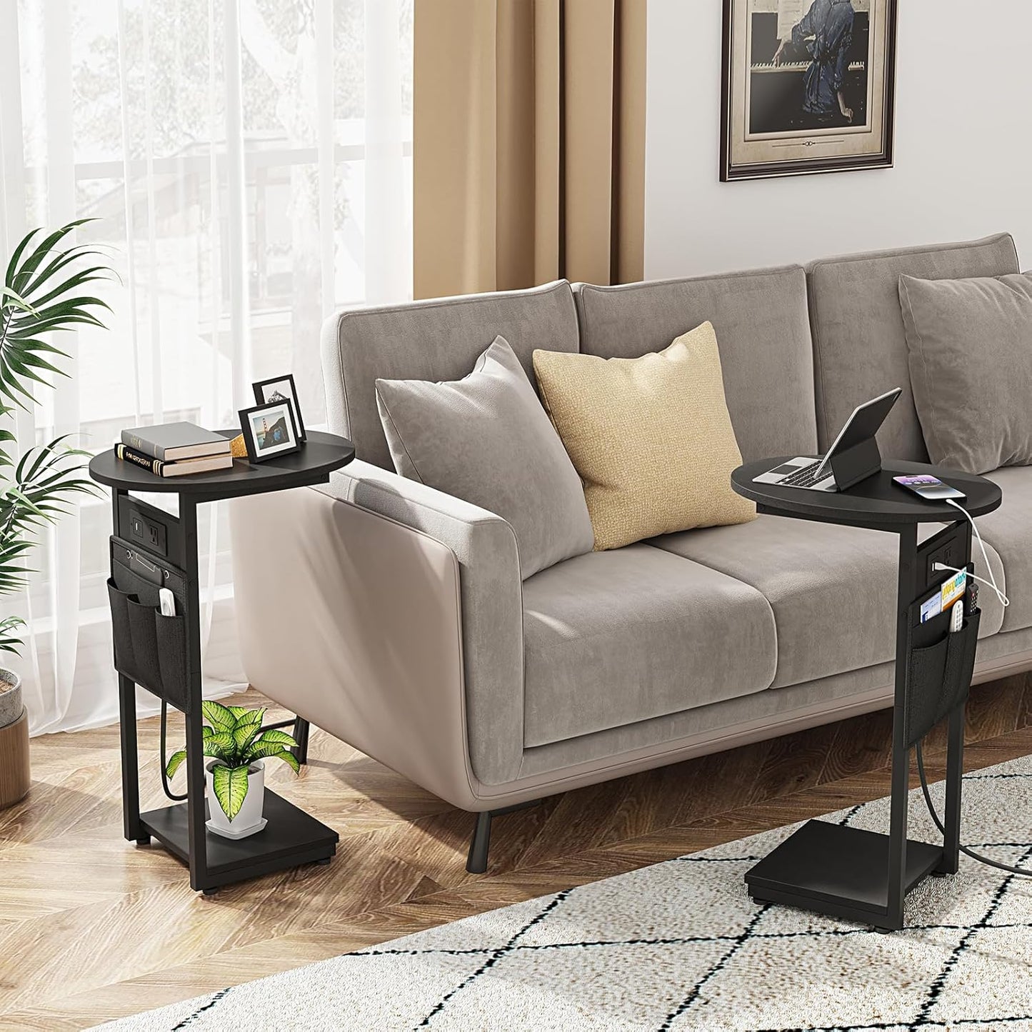 Vagusicc C Shaped End Table with Charging Station, Small Side Table for Couch, TV Tray Slide Under Sofa Table for Living Room Bedroom, Round Couch Side Table C Table for Sofa, Black