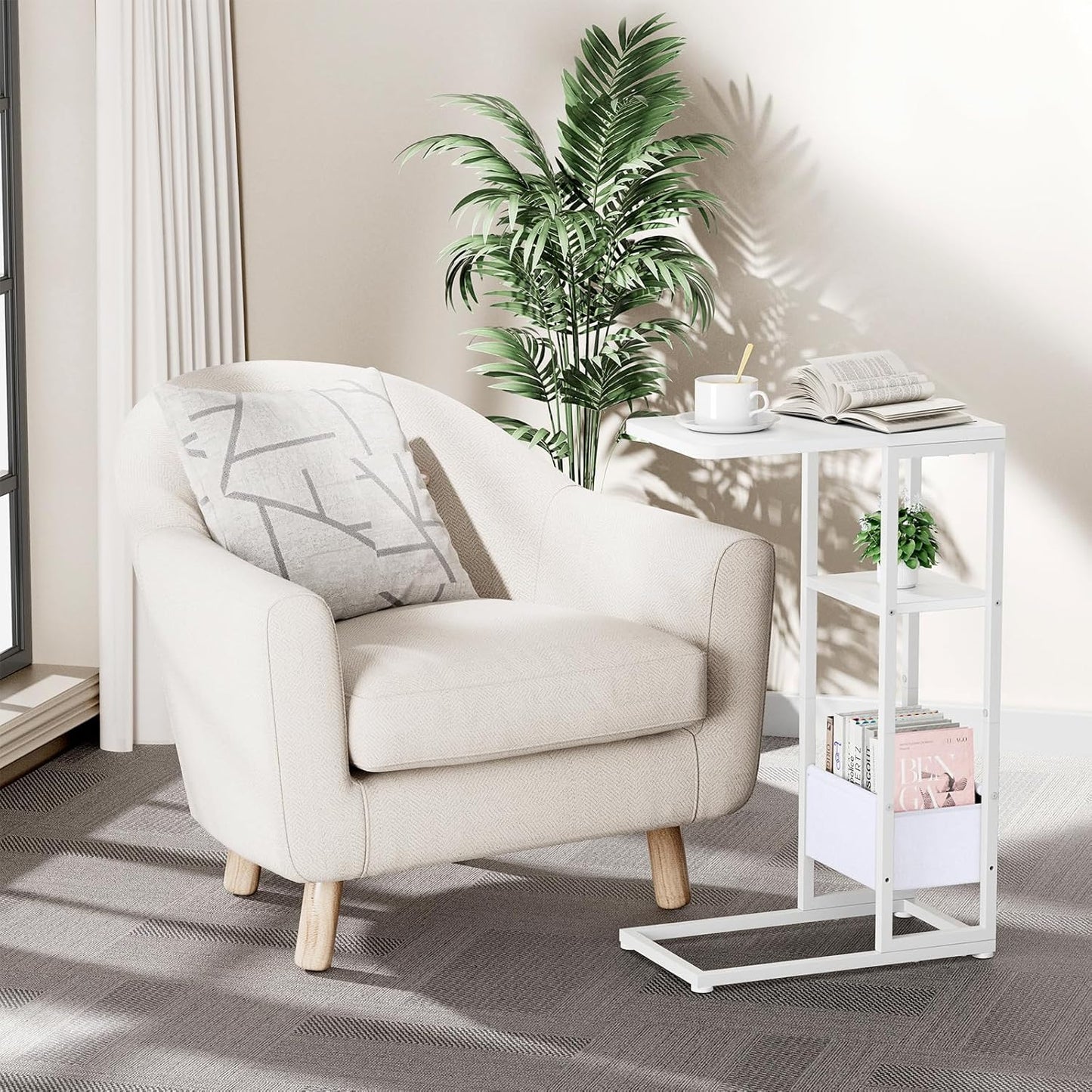 C Shaped End Table, Small Side Table for Couch, Recliner, Slide Under Sofa Tray Desk Snack Tables with Storage Bag for Living Room,Bedroom, Small Spaces - White