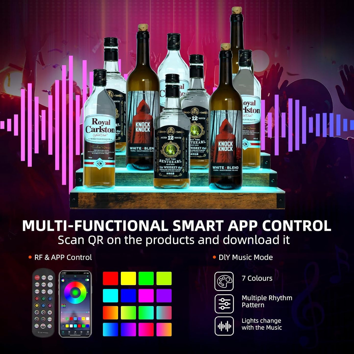 2 Pack 16 Inch LED Lighted Liquor Bottle Display Shelf, 3 Tier LED Bar Shelves, RGB Acrylic Bar Shelf with RF & App Control, 7 Colors, Music Sync& 1-4H Timming, Wine Rack Stand for Bar, KTV, Party