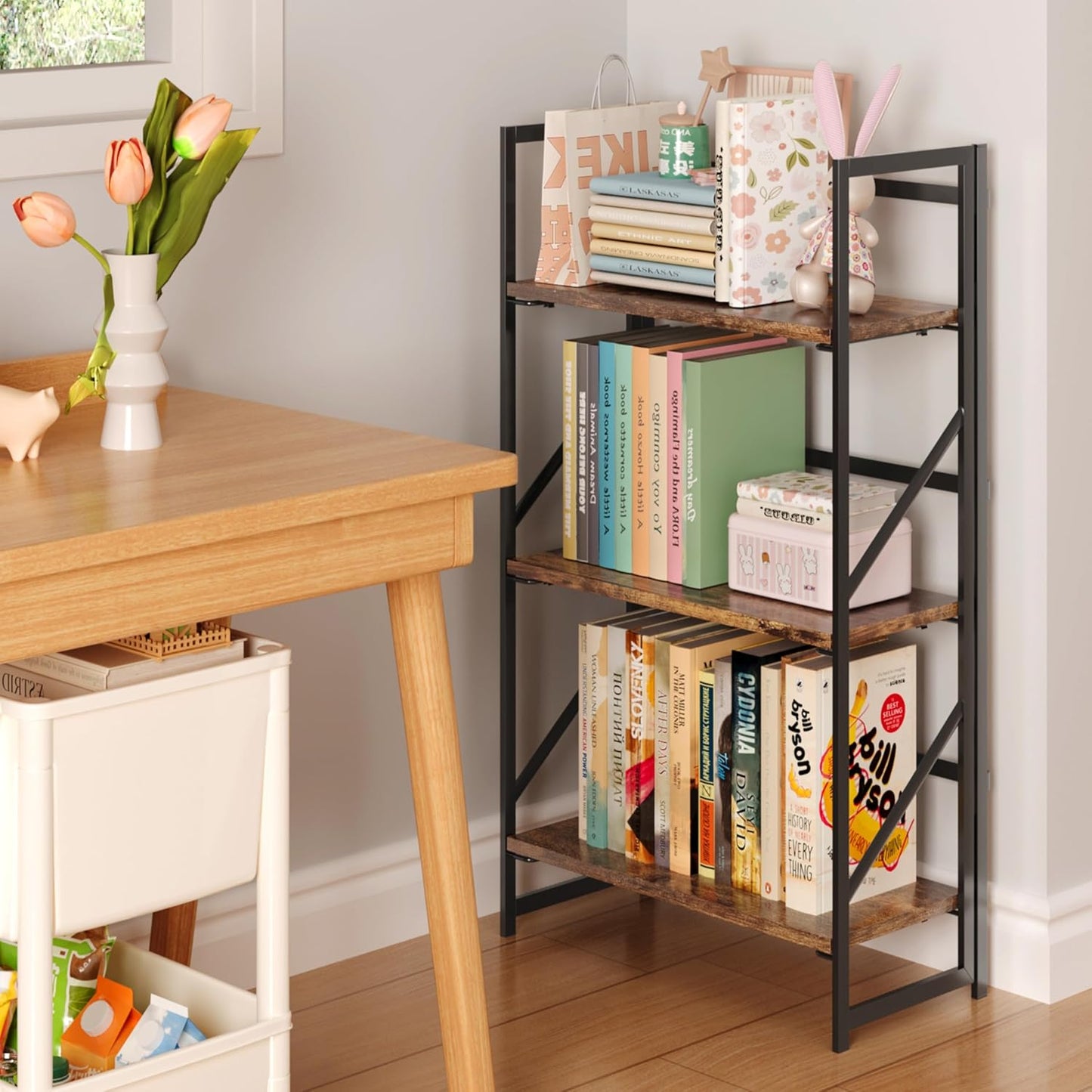 JSB No Assembly Folding Bookshelf, 3 Tier Industrial Metal Book Shelf for Storage, Vintage Wood Foldable Bookcase for Living Room, Bedroom, Office Organization Shelves