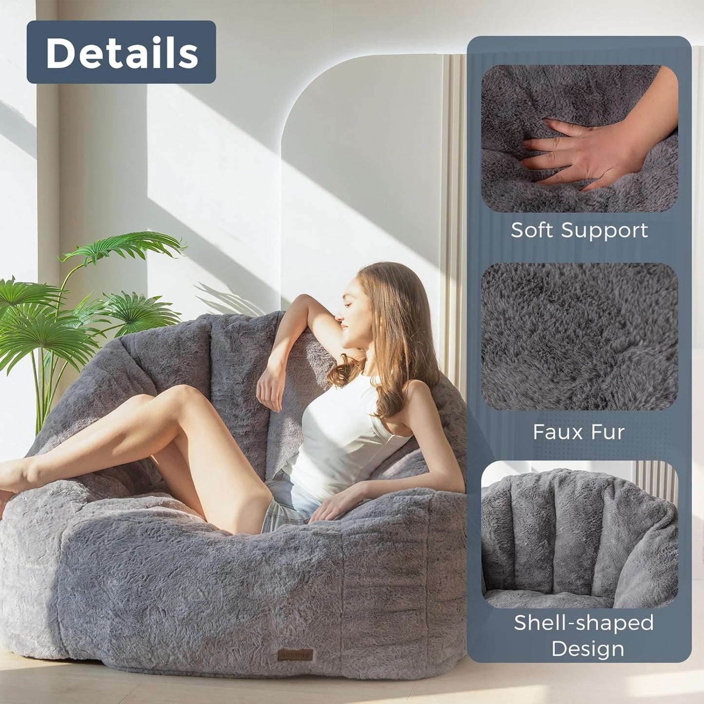 MAXYOYO Giant Bean Bag Chair, Oversized Bean Bag Couch for Adults and Kids, Faux Fur Shell-Shaped Large Chair with Filler, Stuffed Big Accent Sofa Lounge Floor Sofa for Gaming, Reading, Dark Grey