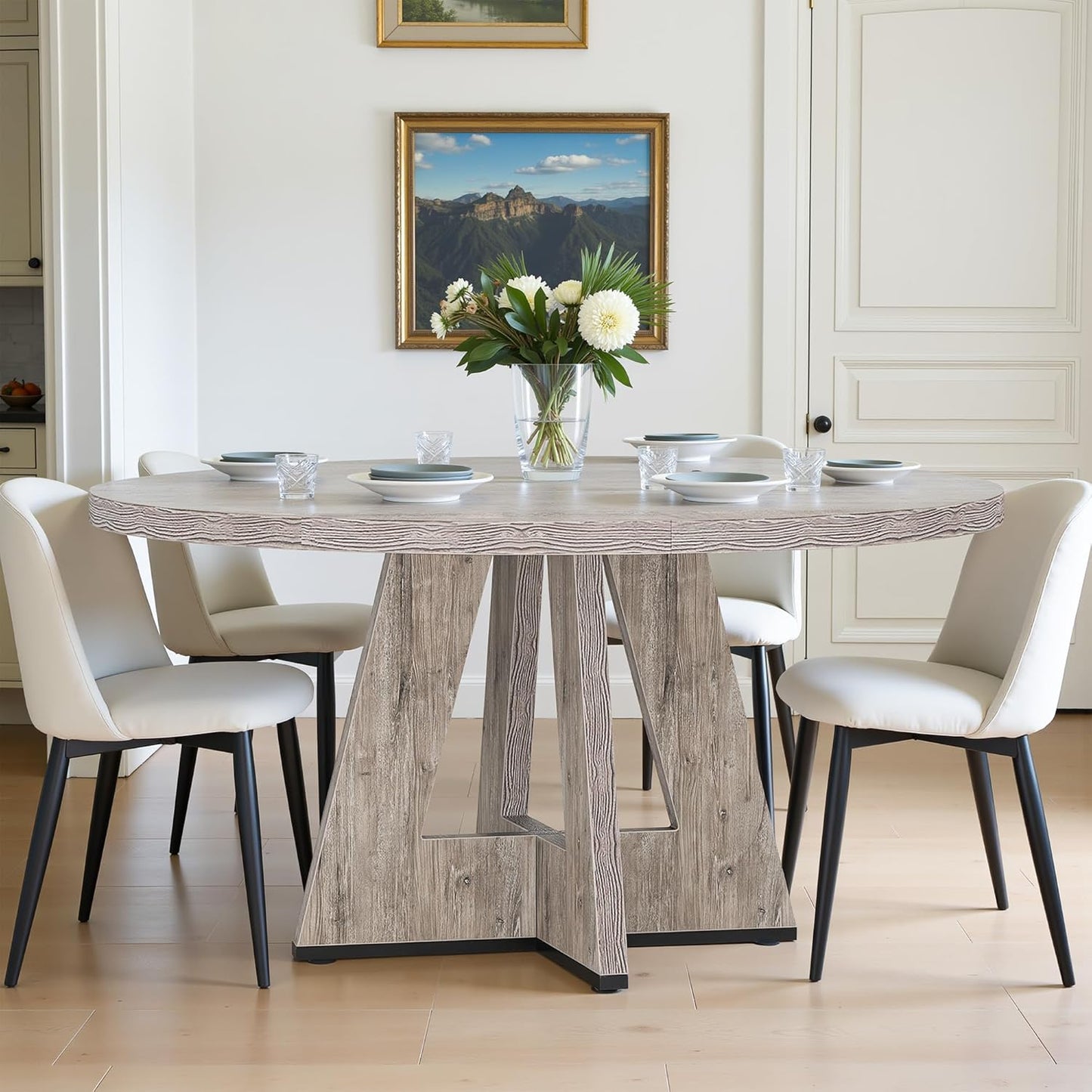 NicBex 47-Inch Round Dining Table for 4, Farmhouse Dinner Table Small Farmhouse Kitchen Tables with Wood Pedestal Base for Dining Room, Kitchen, Living Room, Gray