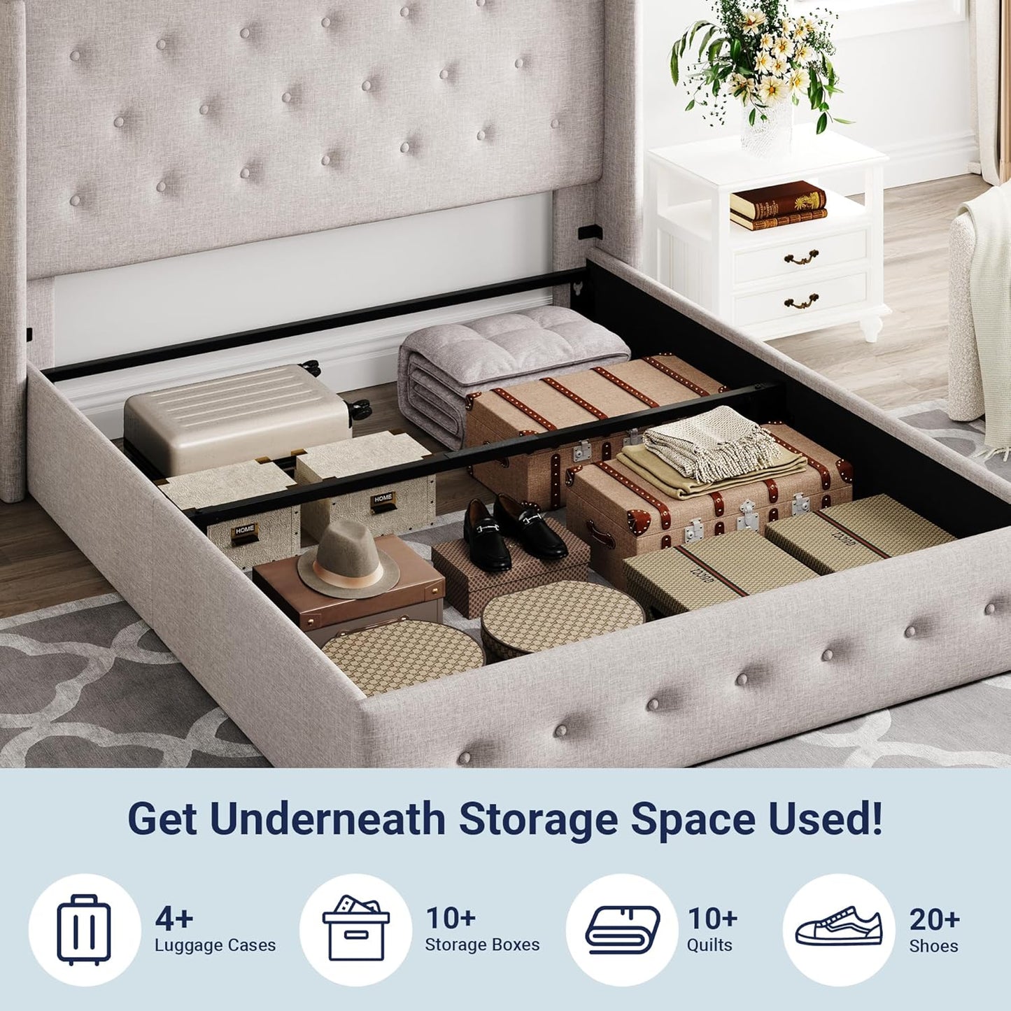 Allewie Full Size Lift Up Storage Bed, Button Tufted Headboard with Wingback, Hydraulic Support, No Box Spring Needed, Light Beige