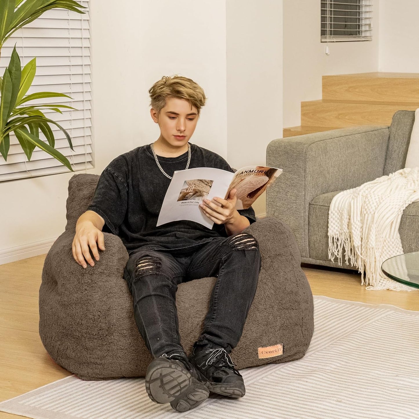 Bean Bag Chair with Filler, Bean Bag Sofa with Tufted Soft Stuffed Filling, Fluffy and Lazy Sofa, Comfy Cozy BeanBag Chairs with Memory Foam for Dorm, Apartment, Living Room (Brown)