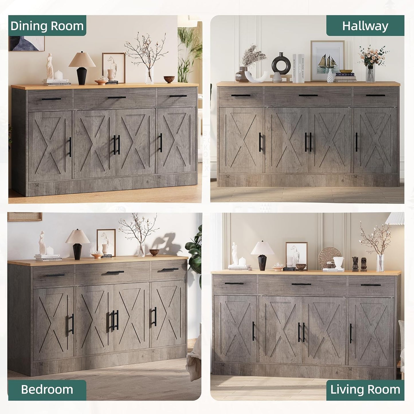 Shintenchi Buffet Cabinet with Storage,53.4" Large Kitchen Storage Cabinet with 3 Drawers and 4 Doors,Wood Farmhouse Buffet Sideboard with Adjustable Shelf for Kitchen Living Room,Ash Grey