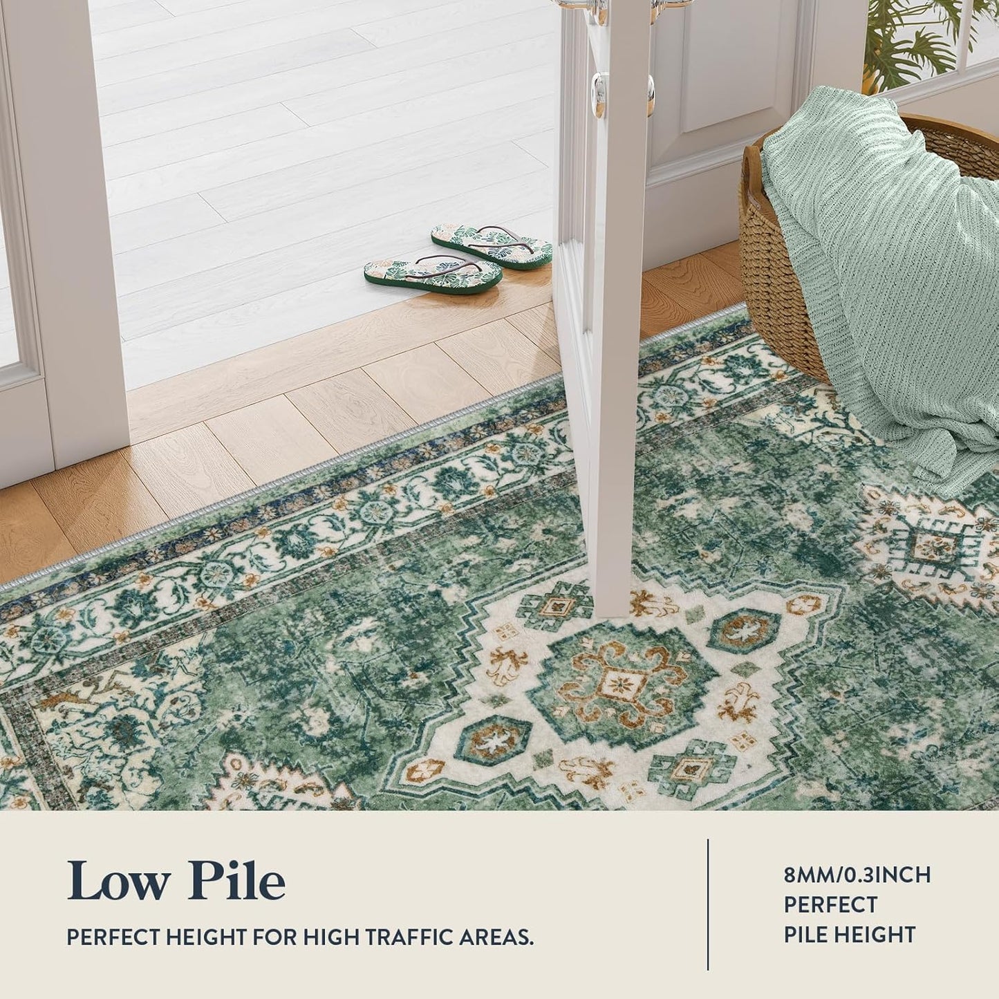 Lahome Oriental Hallway Runner Rug, 2.5x8 Kitchen Runner Non Slip Ultra-Thin, Soft Washable Hallway Rug Non Shedding Long Carpet for Entryway ‎Laundry Room Bathroom, Green/Multi