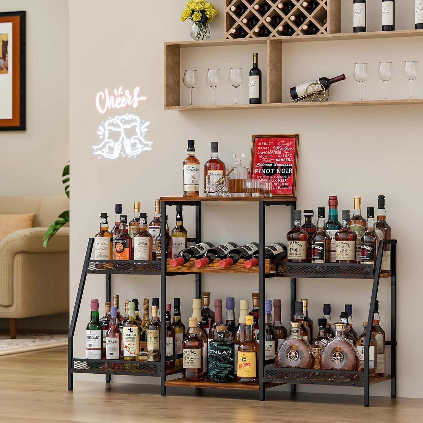 Liquor Cabinet with Fences, Wine Rack Freestanding Floor, 4 Tier Trapezoidal Bar Stand, Expanded Capacity Bar Cabinet for Liquor & Wine Storage