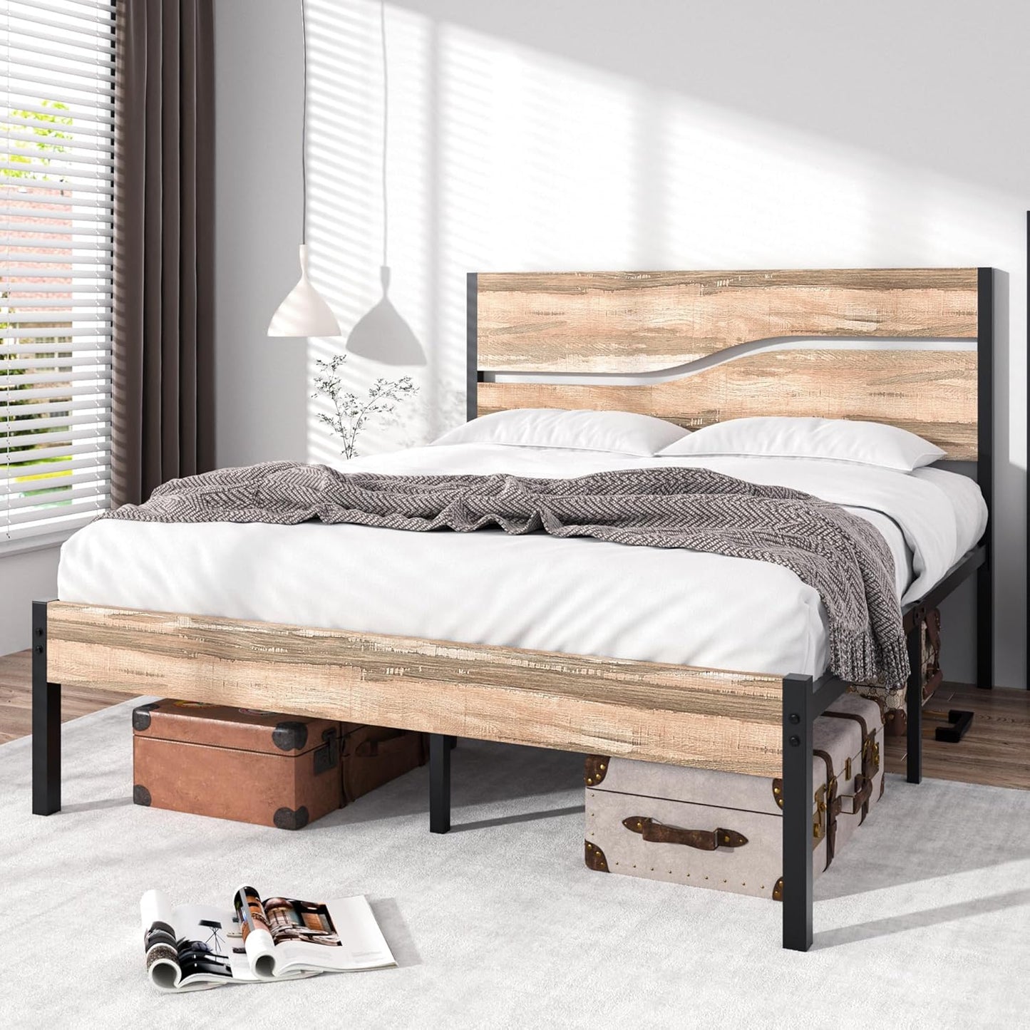 VECELO Queen Size Bed Frame with Wood Headboard and Footboard, 14 Inch Platform/No Box Spring Needed, Heavy Duty Support, Easy Assembly