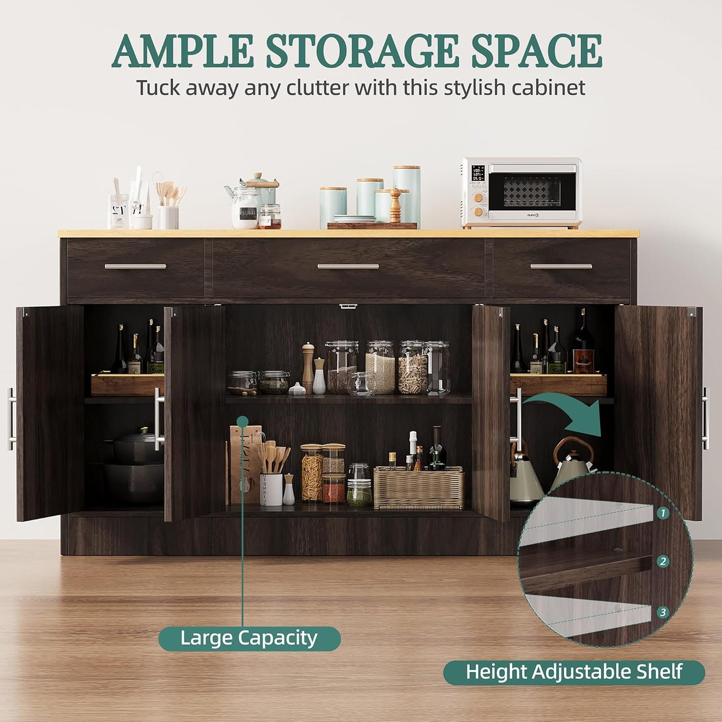 Shintenchi Sideboard Buffet Cabinet with Storage,53.4" Large Kitchen Buffet Storage Cabinet with 3 Drawers and 4 Doors,Wood Farmhouse Sideboard with Adjustable Shelf for Kitchen, Living Room,Brown