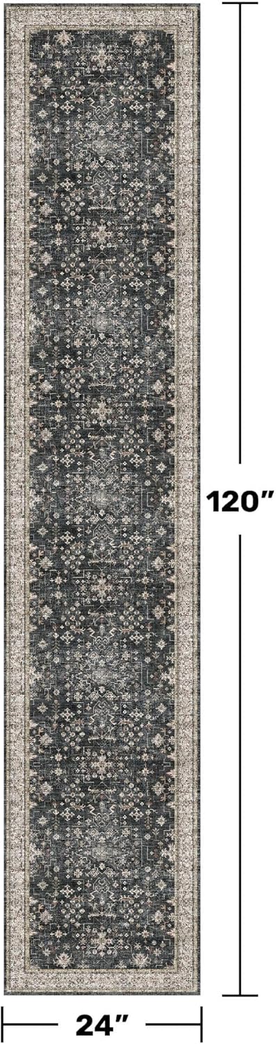 Black Boho Washable 2x10 Hallway Runner Rug - Extra Long Runners for Kitchen, Bathroom, Stair, Non-Slip Floor Carpet Rugs for Large Entryway Indoor, Vintage Multi Ashen Floral Decor