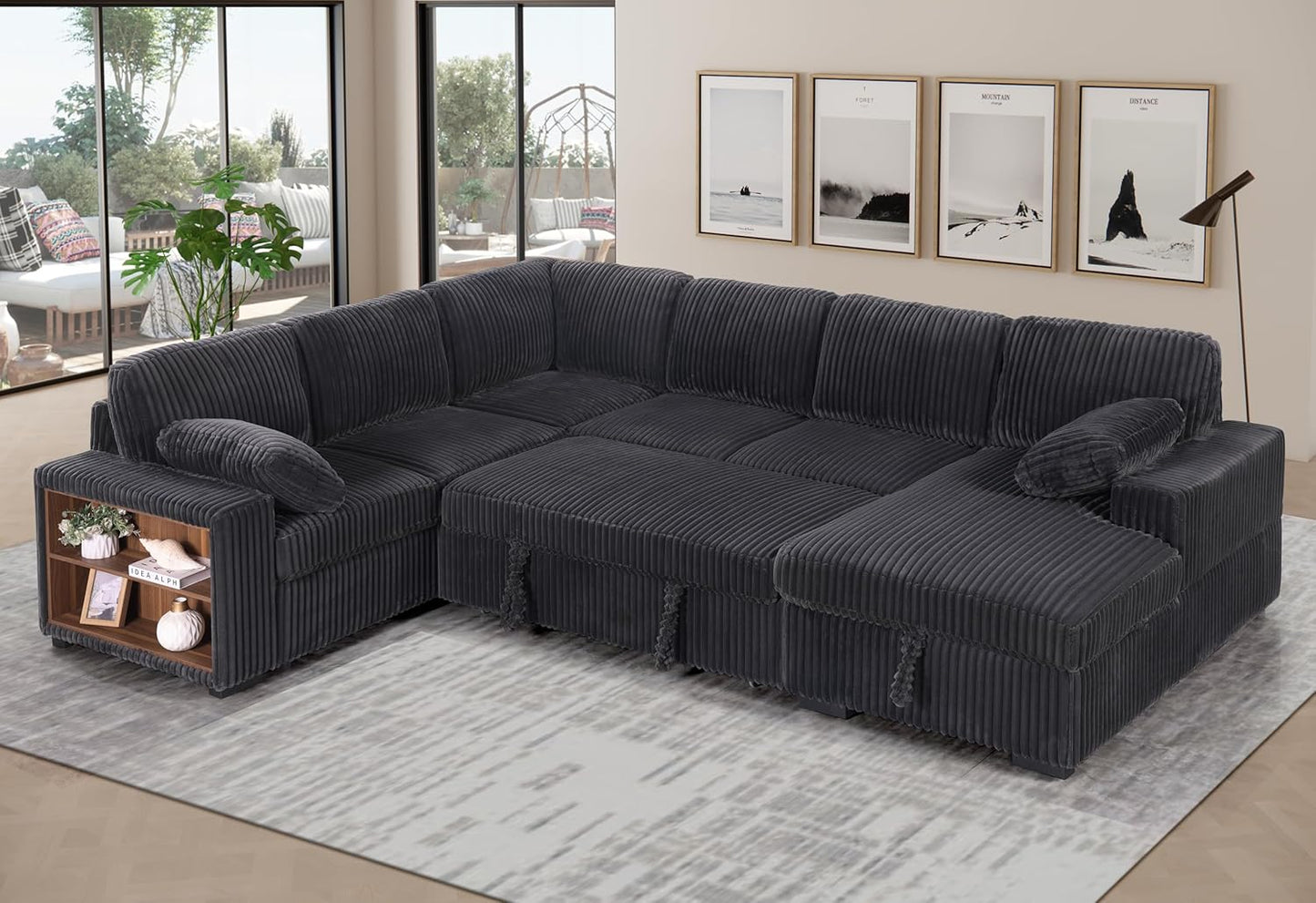 Eafurn Oversized U Shaped Convertible Sleeper Sectional Sofa w/Pull Out Couch Bed, 6 Seater Corduroy Upholstered Corner Lounge Sofa Couch Sleeper Sofabed w/Storage Chaise,Shelves