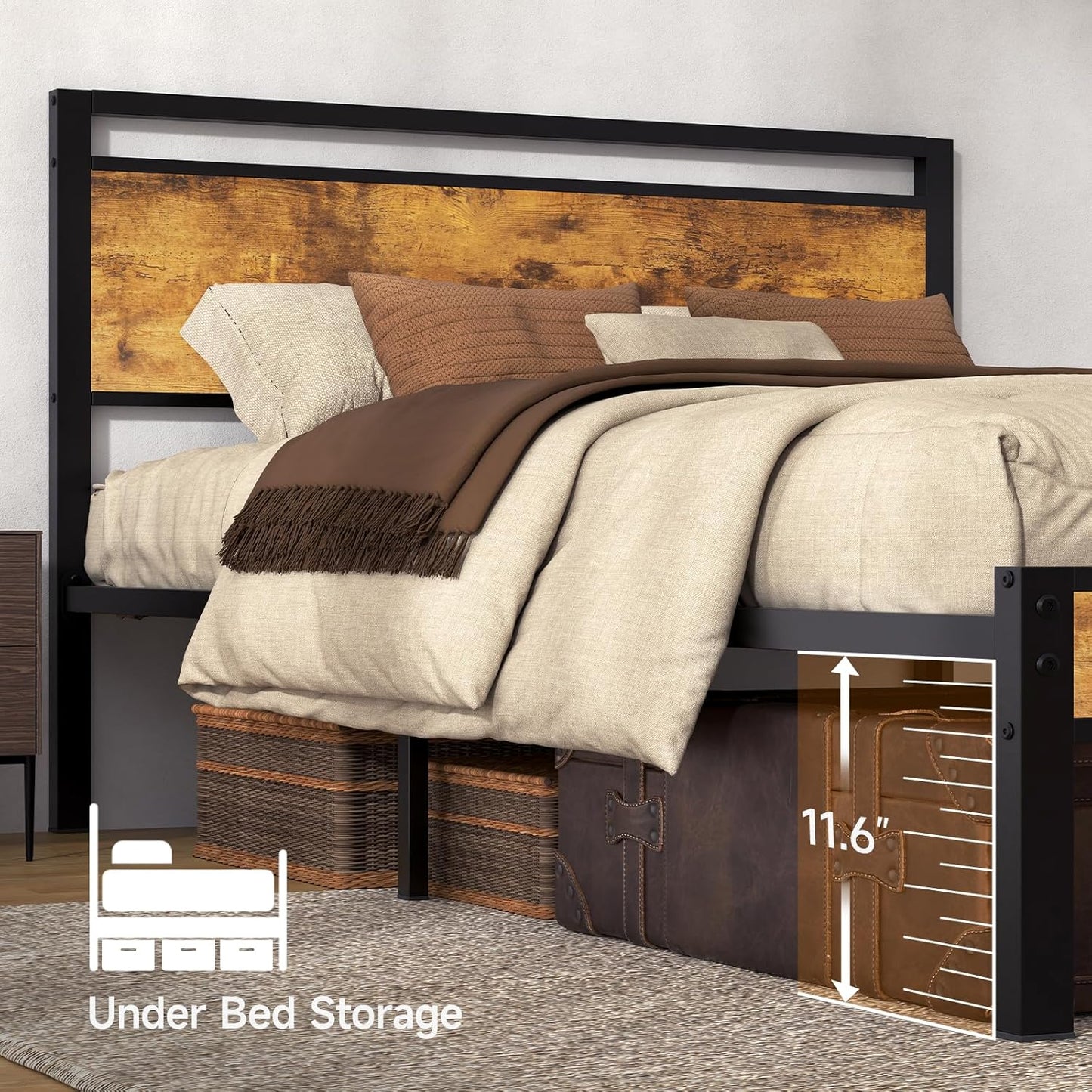 Z-hom Upgraded King Size Bed Frame, Heavy Duty Metal Sturdy King Bed Frame with Modern Wood Headboard & Footboard, Stable Platform Bed Furniture Bed Storage, No Noise, No Box Springs, Vintage Brown