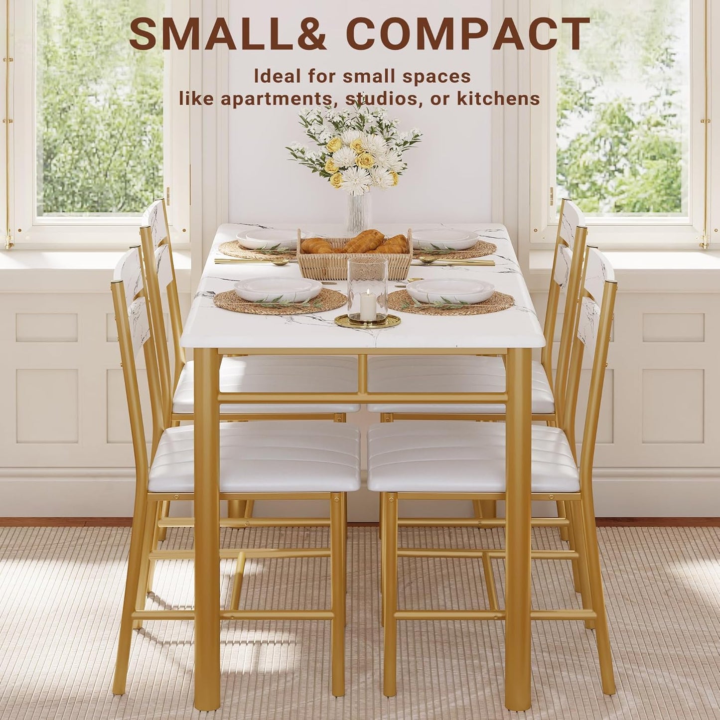 IRONCK Dining Table Set for 4, Wood Kitchen Table with Upholstered Chairs for Kitchen & Dining Room, Compact Dining Set for Small Spaces, White & Gold