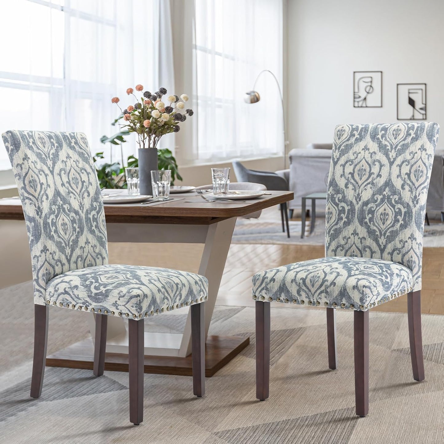 COLAMY Upholstered Parsons Dining Chairs Set of 6, Fabric Dining Room Kitchen Side Chair with Nailhead Trim and Wood Legs - Blue/White Flower