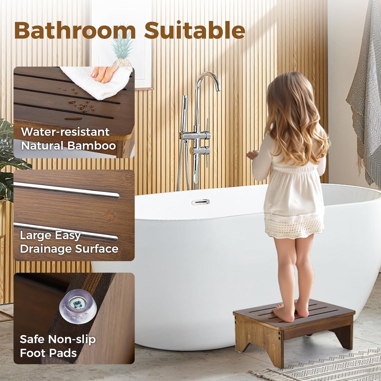 StrongTek Bamboo Bed Step Stool for Adults & Kids – Wide 16" Platform, 300 lbs Capacity, Non-Slip Drainage Surface, 6.5" Height Safe Bedside Stool, Bathroom Shower Step & Office Foot Rest (Brown)