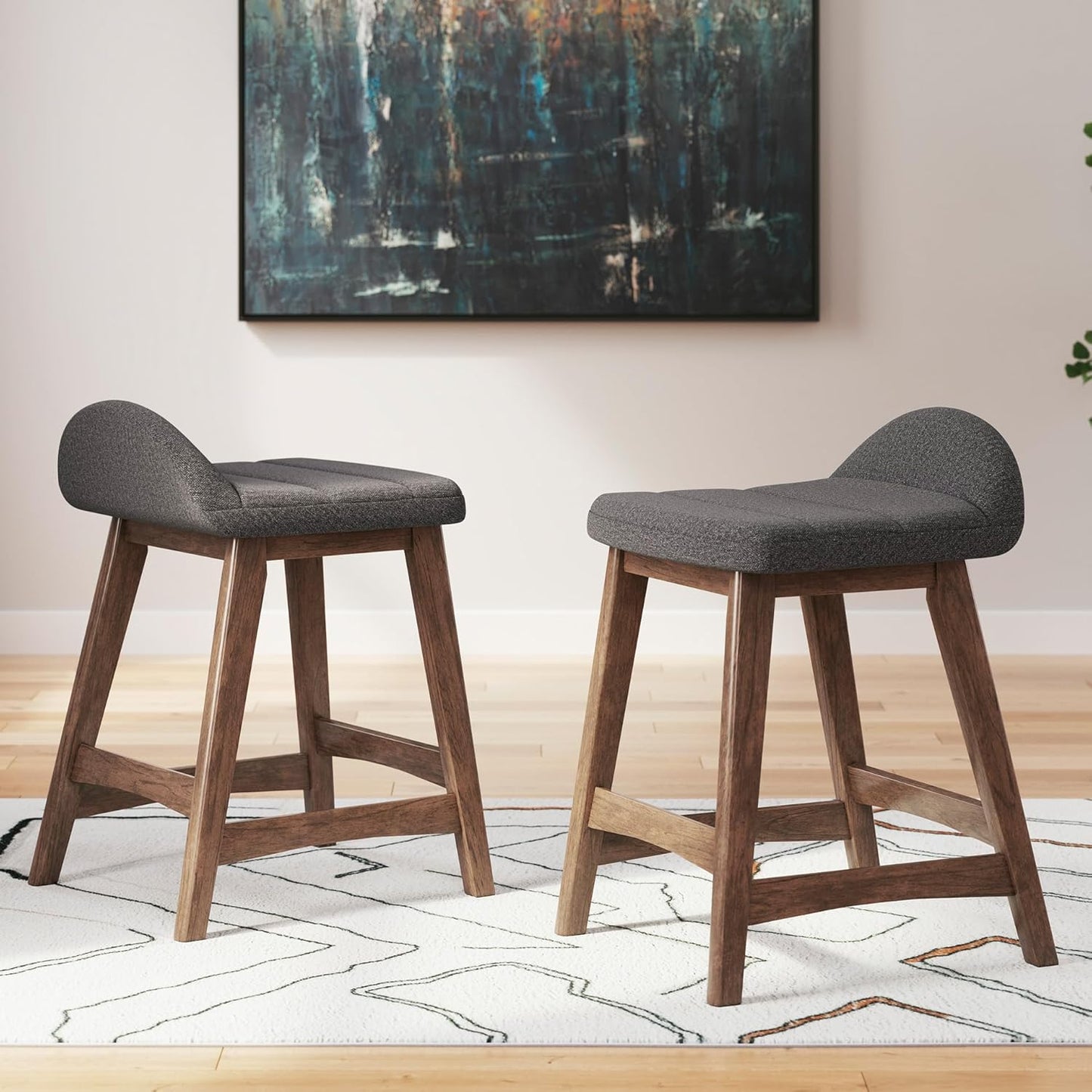 Signature Design by Ashley Lyncott Contemporary 28.5" Counter Height Upholstered Bar Stool with Foam Cushion, 2 Count, Charcoal & Brown