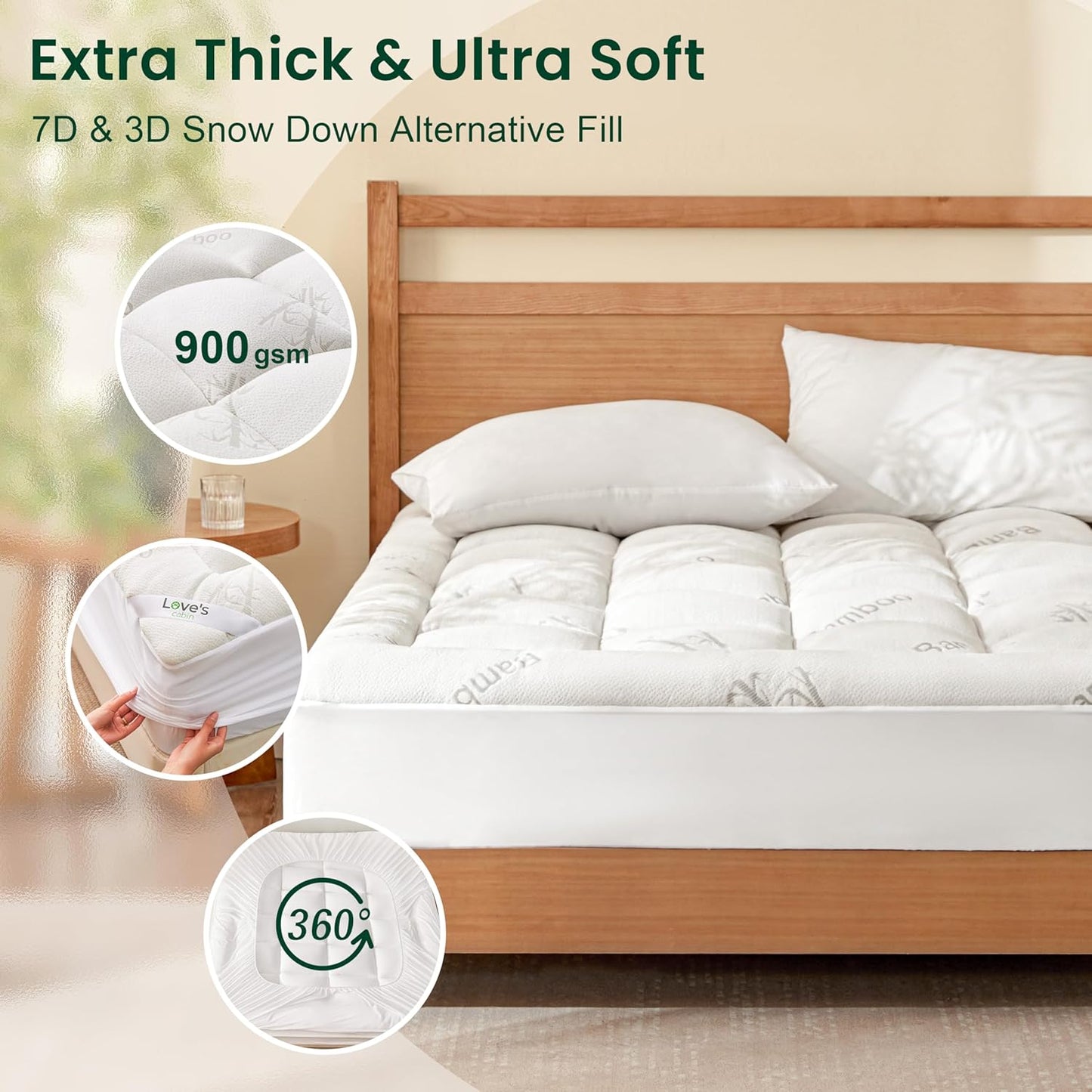 Love's cabin Full Size Mattress Topper, Rayon Derived from Bamboo, 900 GSM Mattress Topper Pad, Thick Pillow Top Mattress Pad with Stretches up 8"-20" Deep Pocket(54"x75")