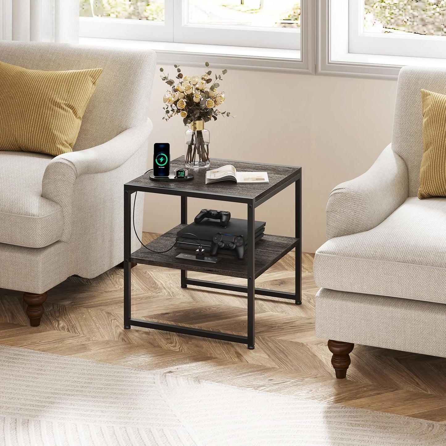 Tatub 20" End Table with Charging Station, Industrial Square Side Table with USB Ports & Outlets, Versatile 2-Tier Small Nightstand for Bedroom Living Room, Grey