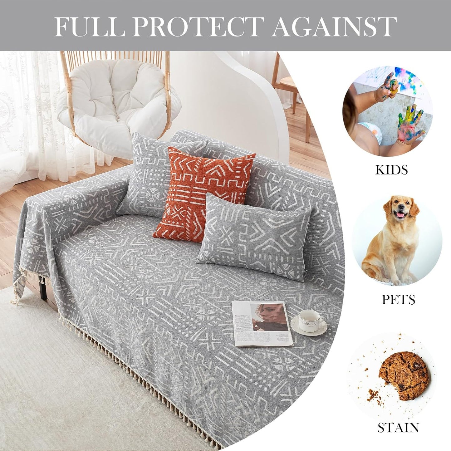 HANDONTIME Bohemian Grey and White Couch Cover for Dogs Aztec Tribal Sofa Covers for 3 Cushion Couch Aesthetic Tassel Couch Slipcover Sofa Seat Cover Universal Loverseat Cover Futon Cover, 71" X150"