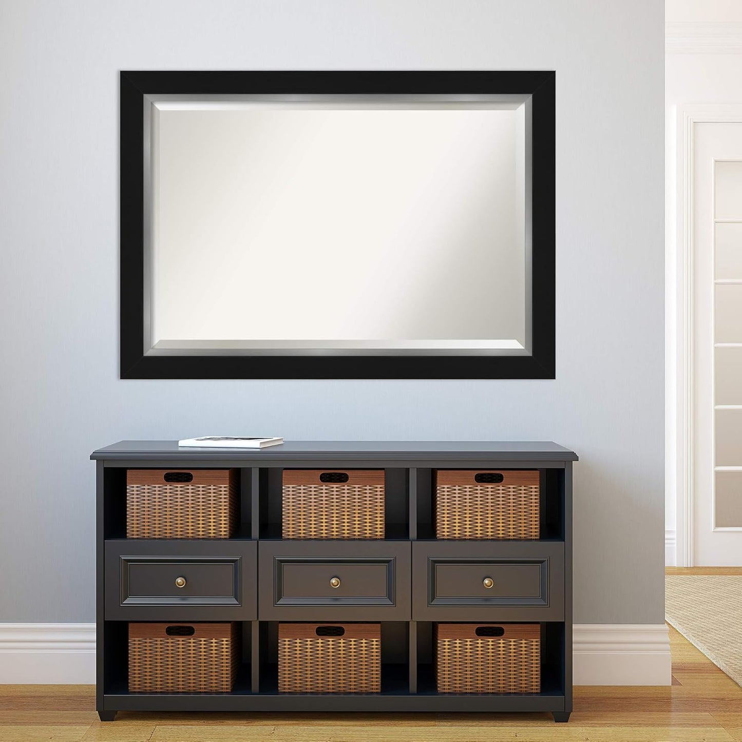 Amanti Art Black Bathroom Mirror for Over Sink, 30x42 Eva Black Silver Rectangle Vanity Mirror, Large Modern Contemporary Frame, Hangs Horizonally and Vertically, Bathroom Wall Decor, Beveled Edge