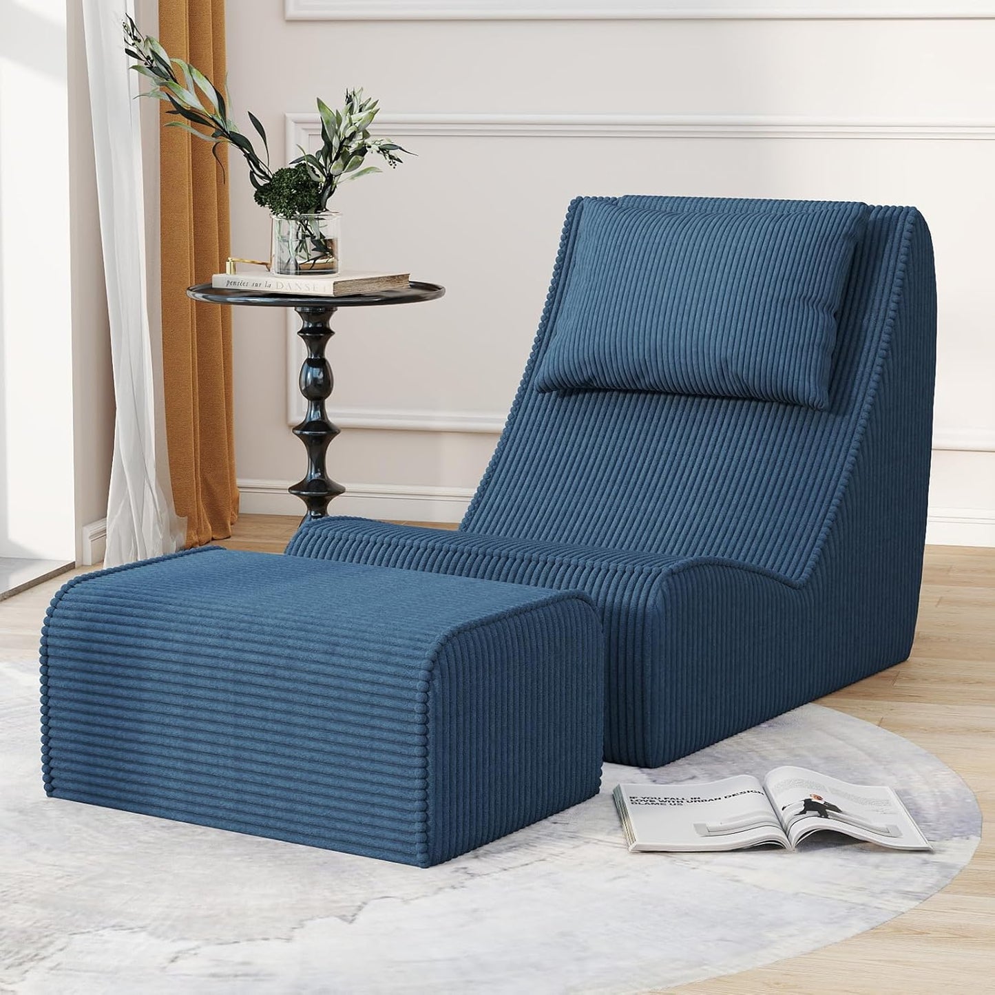 Giant Bean Bag Chair for Adults,Corduroy Chaise Lounge with Unrivaled Back Support, Detachable Neck Pillow, Comfortable Ottoman & Washable Cover for Living Room, Bedroom, Garden (Royal Blue)