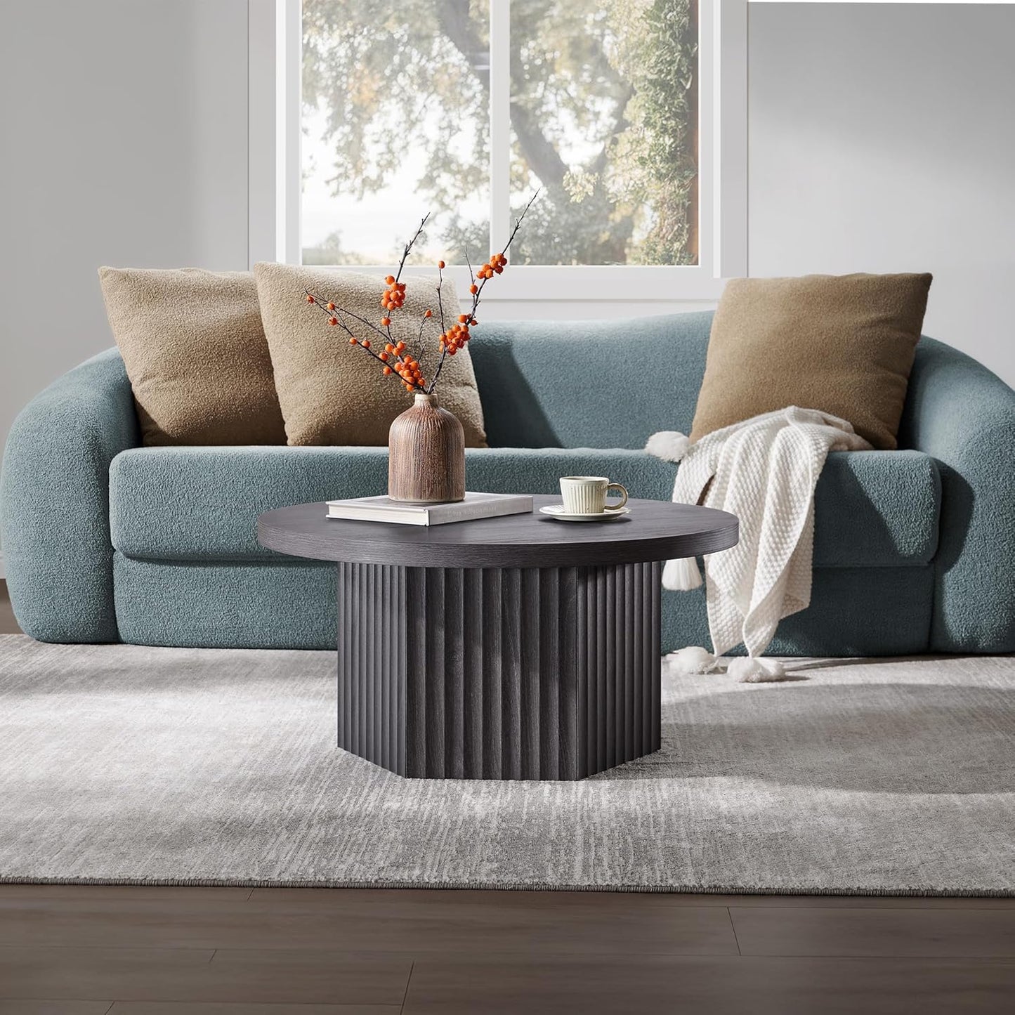 SICOTAS Round Coffee Table for Living Room, Mid Century Modern Fluted Center Coffee Table with Storage, 32" Circle Accent Tea Dining Table for Apartment, Dark Grey Alder