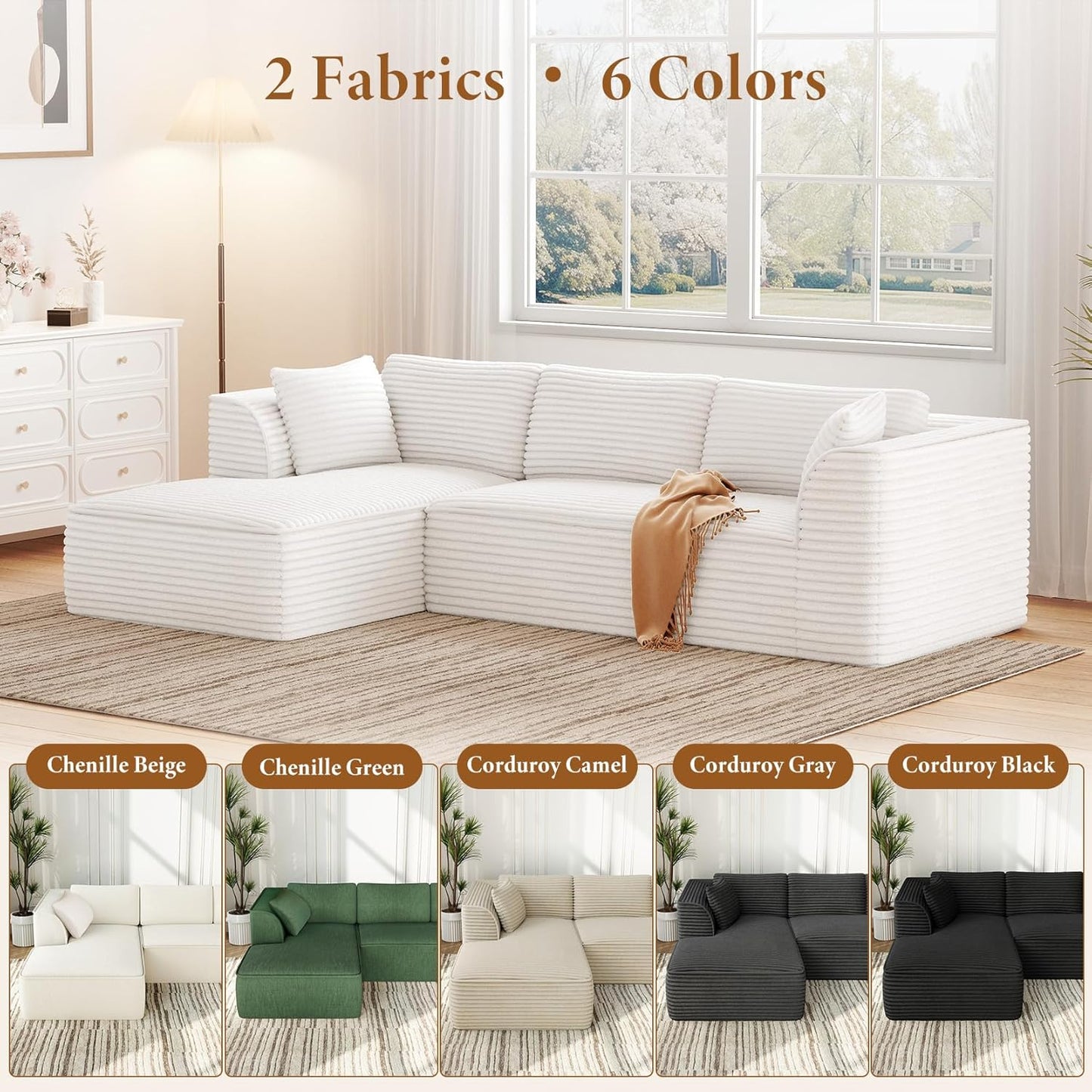 Vesgantti 106" Boneless Couch with Chaise, Deep Seat Comfy Cloud Modular Sofa Corduroy Memory Foam Sectional Couches for Living Room Bedroom, No Assembly Required (Beige, Left-Facing Chaise)