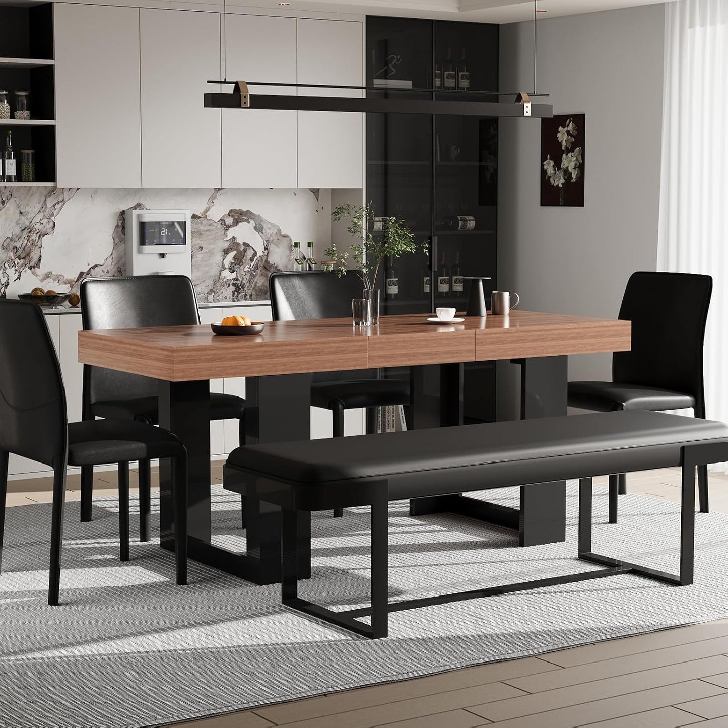 63"-78.74" Rectangular Extendable Dining Table for 6-10 People – Modern Farmhouse Wooden Kitchen Table with Brown Finish, Large Extendable Table for Dining Room or Conference Use