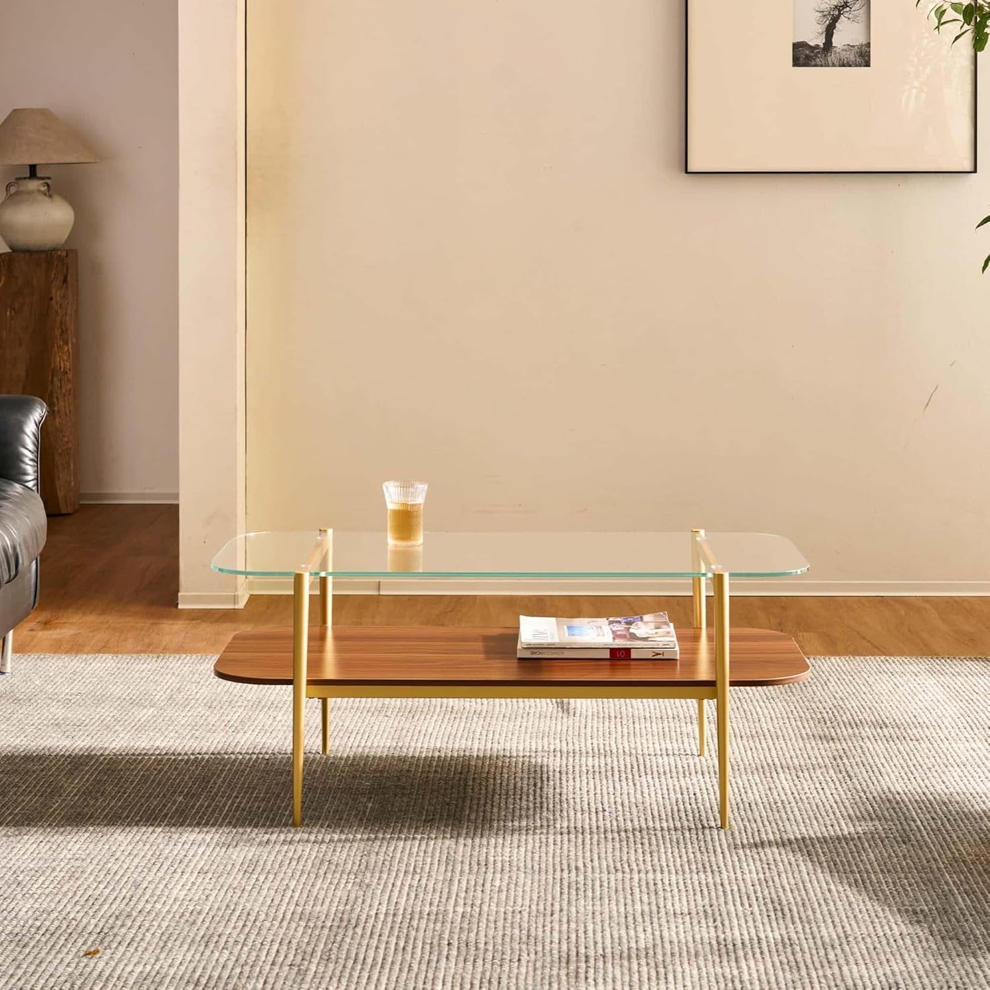 AGV LIGHTING Tadio Glass Coffee Table, Mid-Century Modern Coffee Table for Living Room, Gold Finish Leg, Clear Glass Top & Walnut Brown Shelf, Rounded Corners