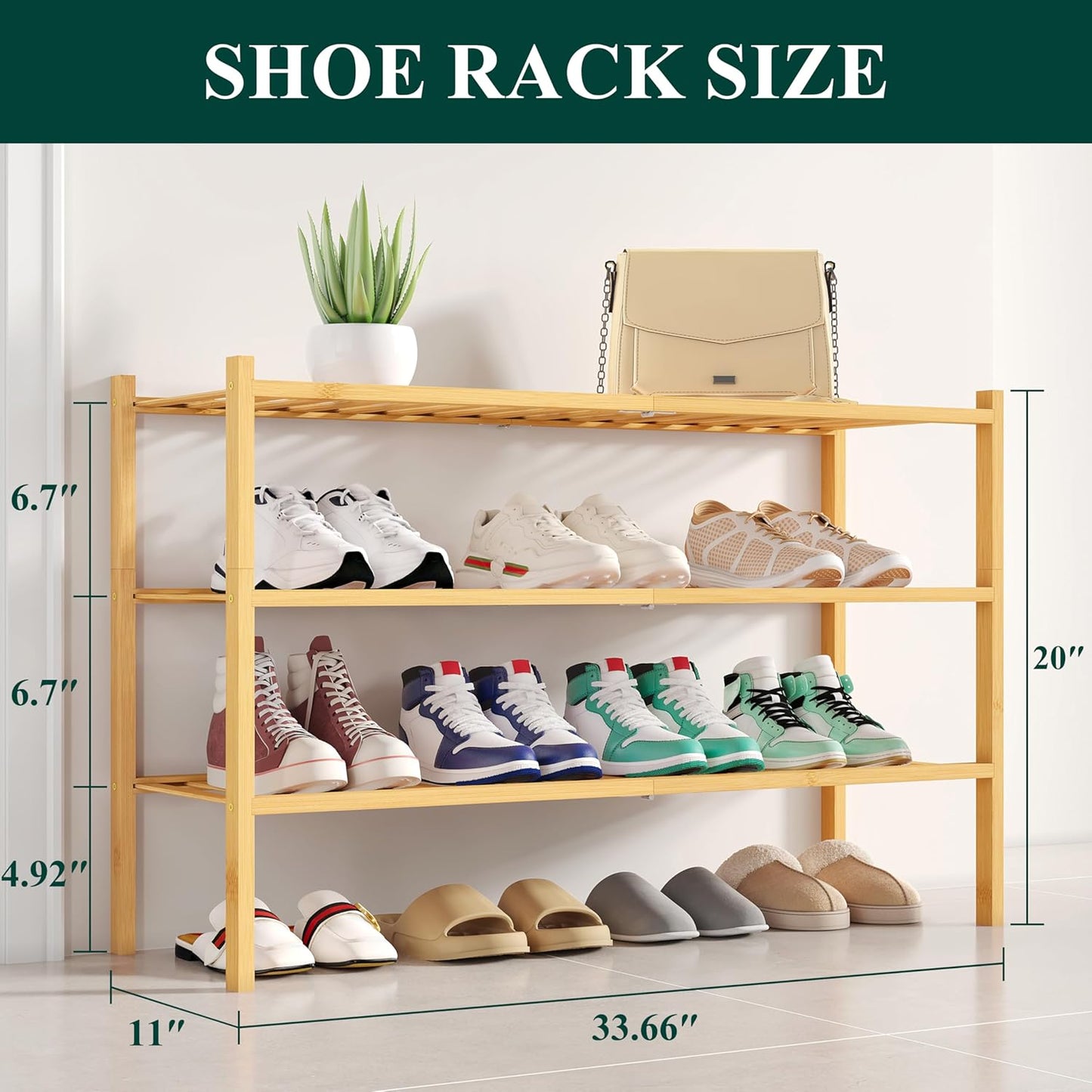 Smiry Shoe Rack, 3 Tier Long Bamboo Shoe Organizer, Stackable Free Standing Wooden Shoe Storage Shelf for Closet, Entryway, Front Door Entrance, Natural