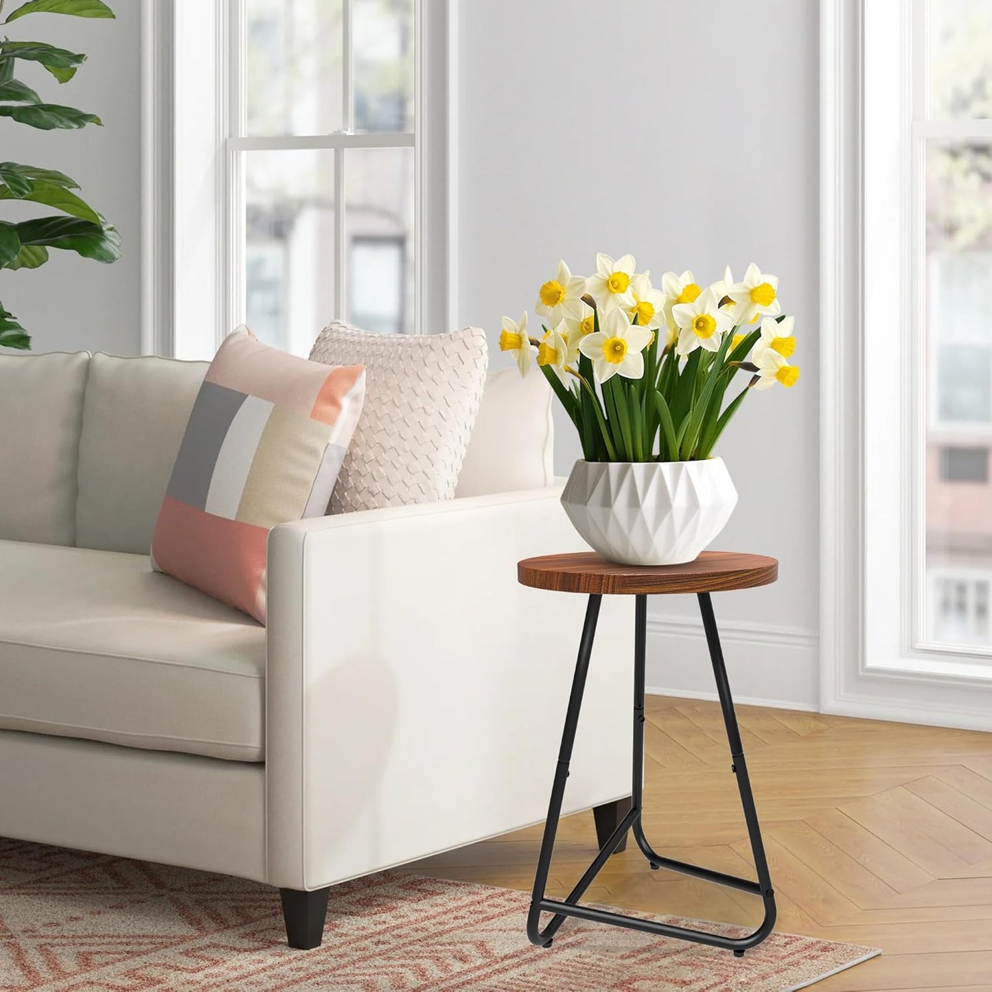 Indoor Plant Stand,Mid Century Wood Stand Plant Table,Modern Plant Stool for Outdoor,Metal Tall Holder for Flower Pots,Small Round Side End Table (Rustic Brown, 19 inch)