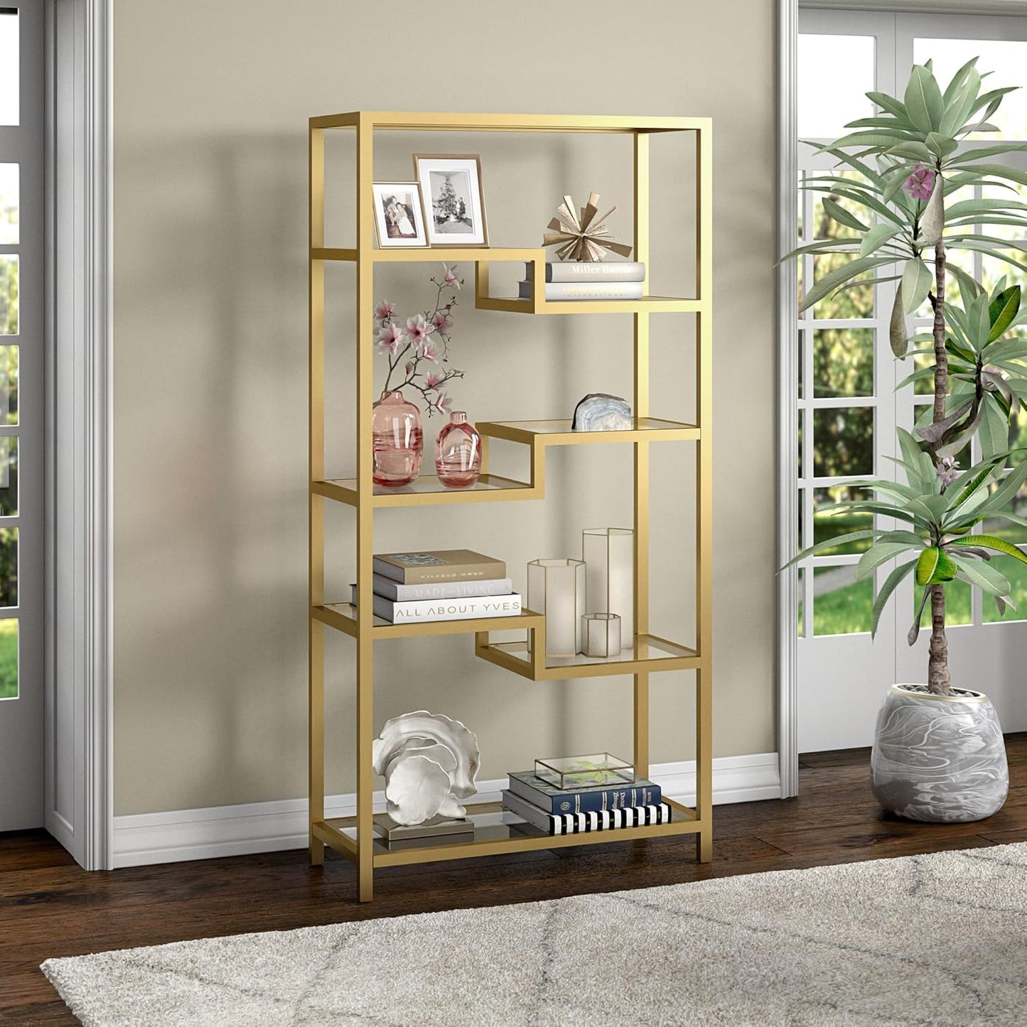 Henn&Hart 68" Tall Rectangular Bookcase in Brass, for Home Office, Living Room