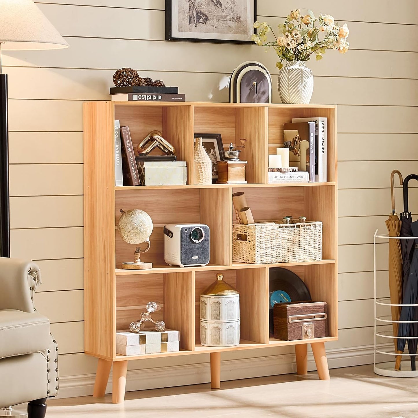 LEYAOYAO Wooden 8 Cube Book Shelf, Natural 3 Tier Bookshelf with Legs, Modern Open Storage Organizer,Boho Bookcase,Display Cabinet Shelf Free Standing Bookshelves for Bedroom,Living Room,Office