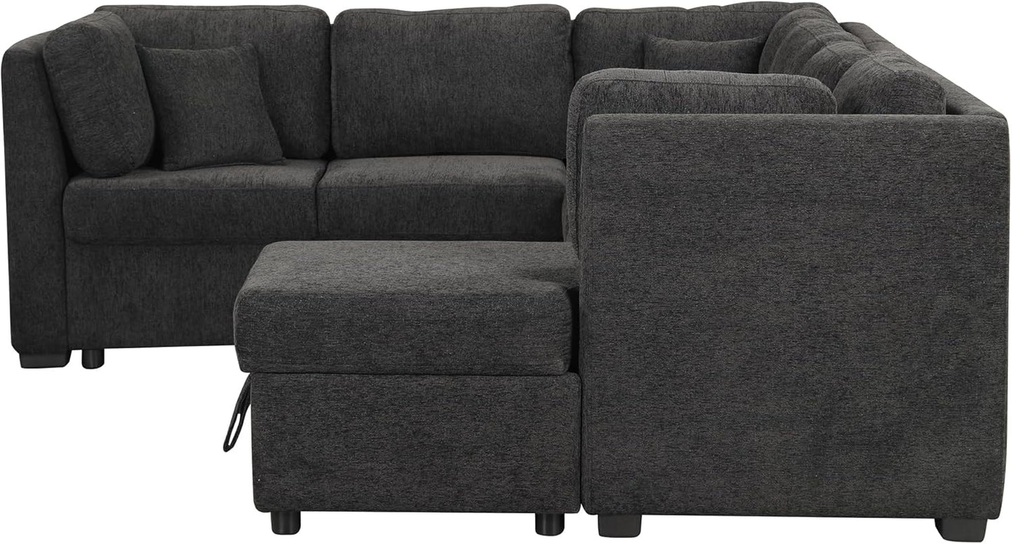 Ball & Cast 108.6" Sleeper Sectional Pull Out Sofa with 2 USB Ports,Two Power Sockets,Versatile U-Shape Couch w/ 3 Back Pillows and Storage Chaise,for Living Room,Office,Apartment,Black