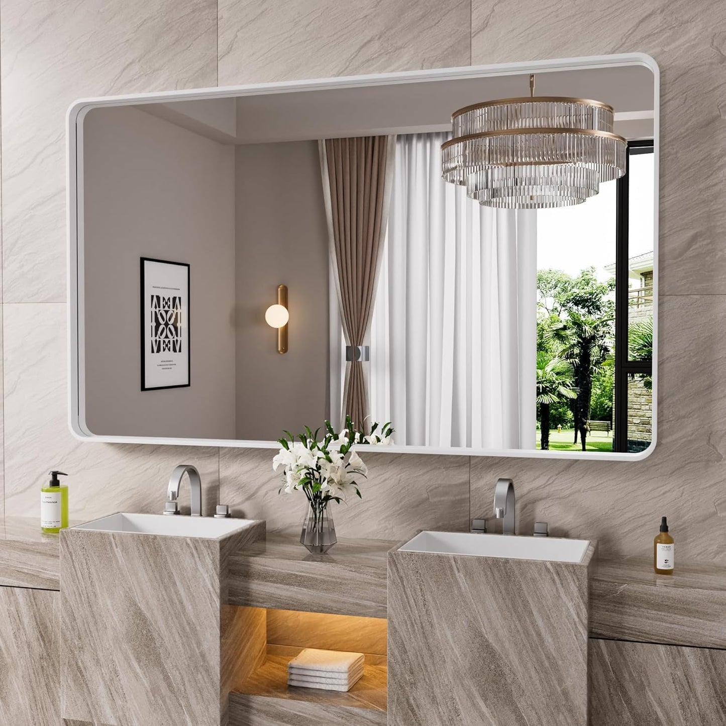 White Bathroom Mirror 50x30 Inch, White Metal Framed Bathroom Mirror for Wall, Rounded Rectangle Matte Bathroom Vanity Mirror, Tempered Glass, Anti-Rust, Horizontal/Vertical