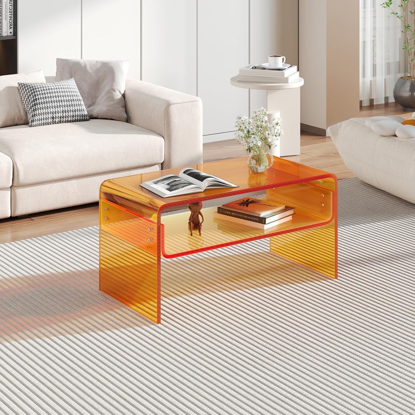 Acrylic Coffee Table, Orange Rectangle Acrylic Side Table Furniture, Modern Tea Table with Open Storage, Acrylic End Table for Living Room, Office Reception and Bedroom