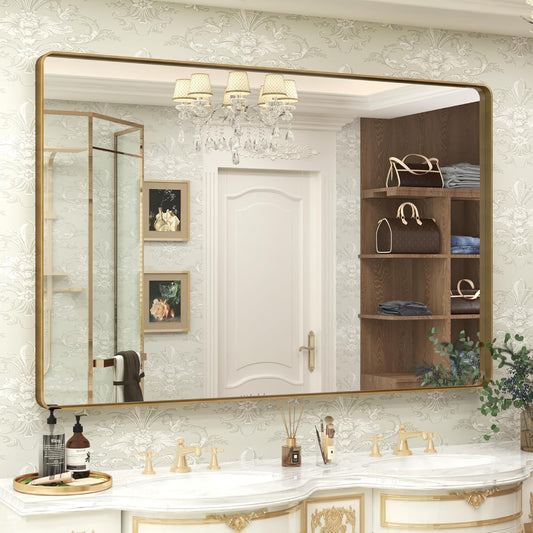 60x40 Gold Bathroom Mirror, Brushed Metal Frame Gold Vanity Mirror, Large Rectangle Mirror for Wall, Rounded Corner, Shatterproof, Anti-Rust (Horizontal/Vertical)