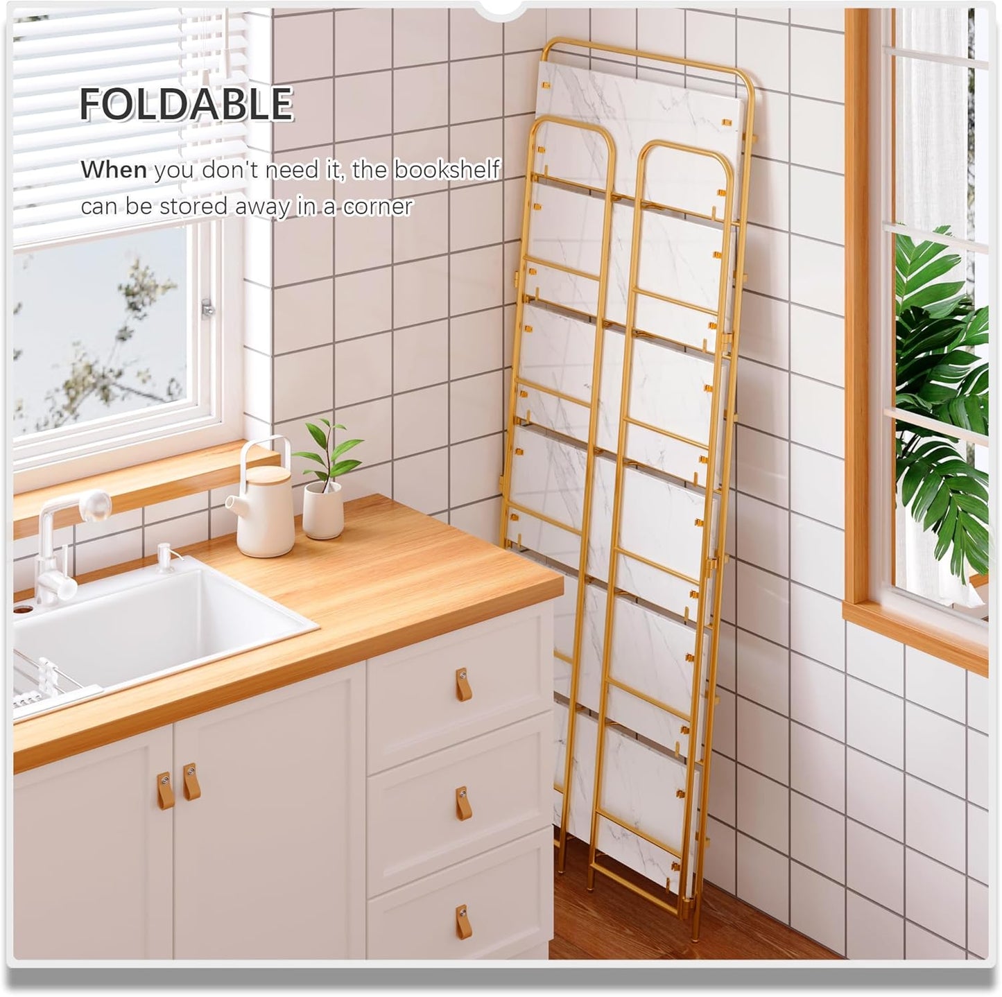 4NM No Assembly Folding Bookshelf 6 Tiers Vintage Industrial Gold Book Shelf Metal Foldable Storage Bookcase and Bookshelves for Living Room,Bedroom and Kitchen - White and Gold