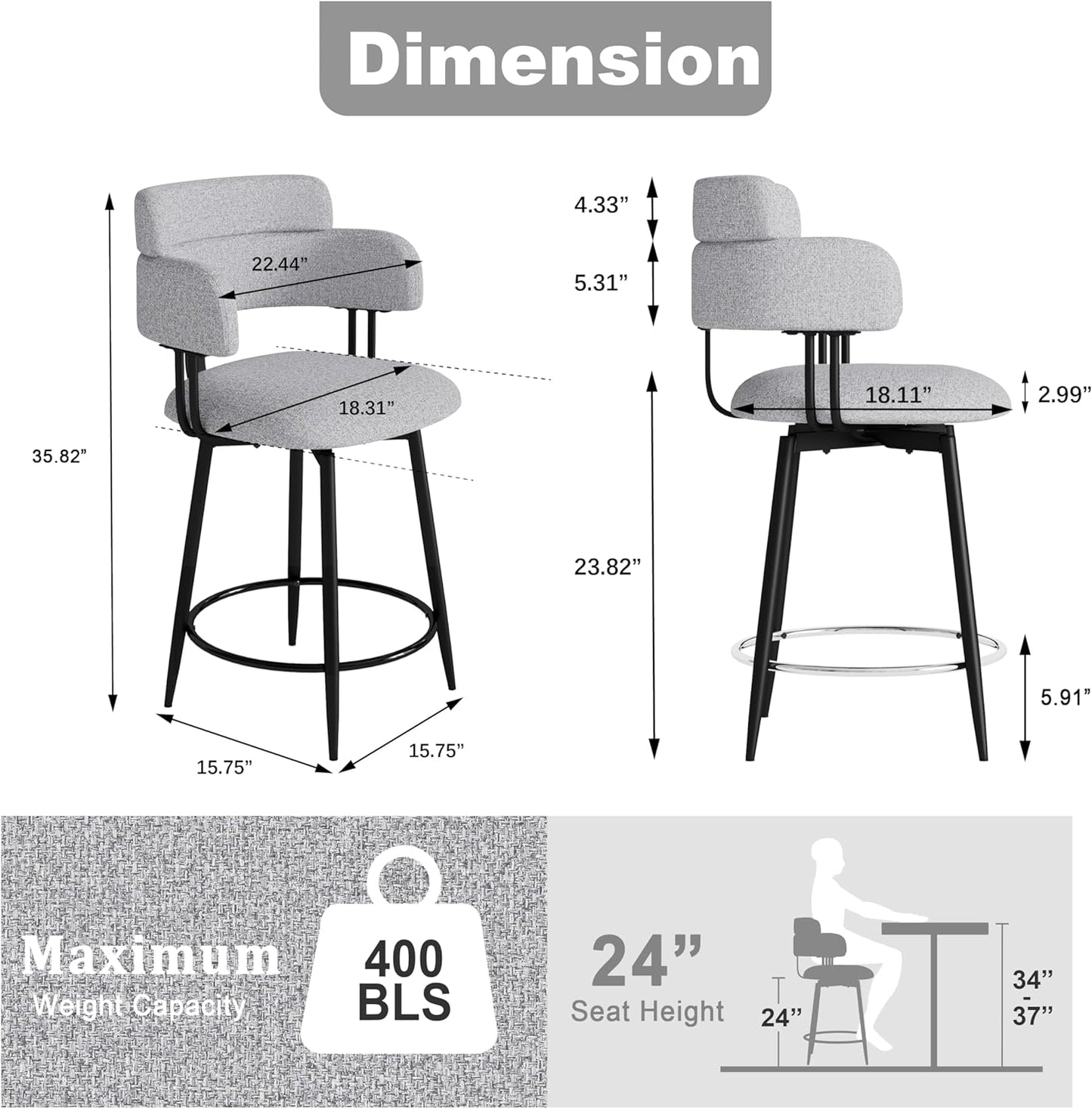 Swivel Bar Stools Set of 2, Counter Height Bar Stools with Ergonomic Full Back, Upholstered Linen Fabric Barstools with Chrome Metal Footrest for Kitchen Island, Dining Room